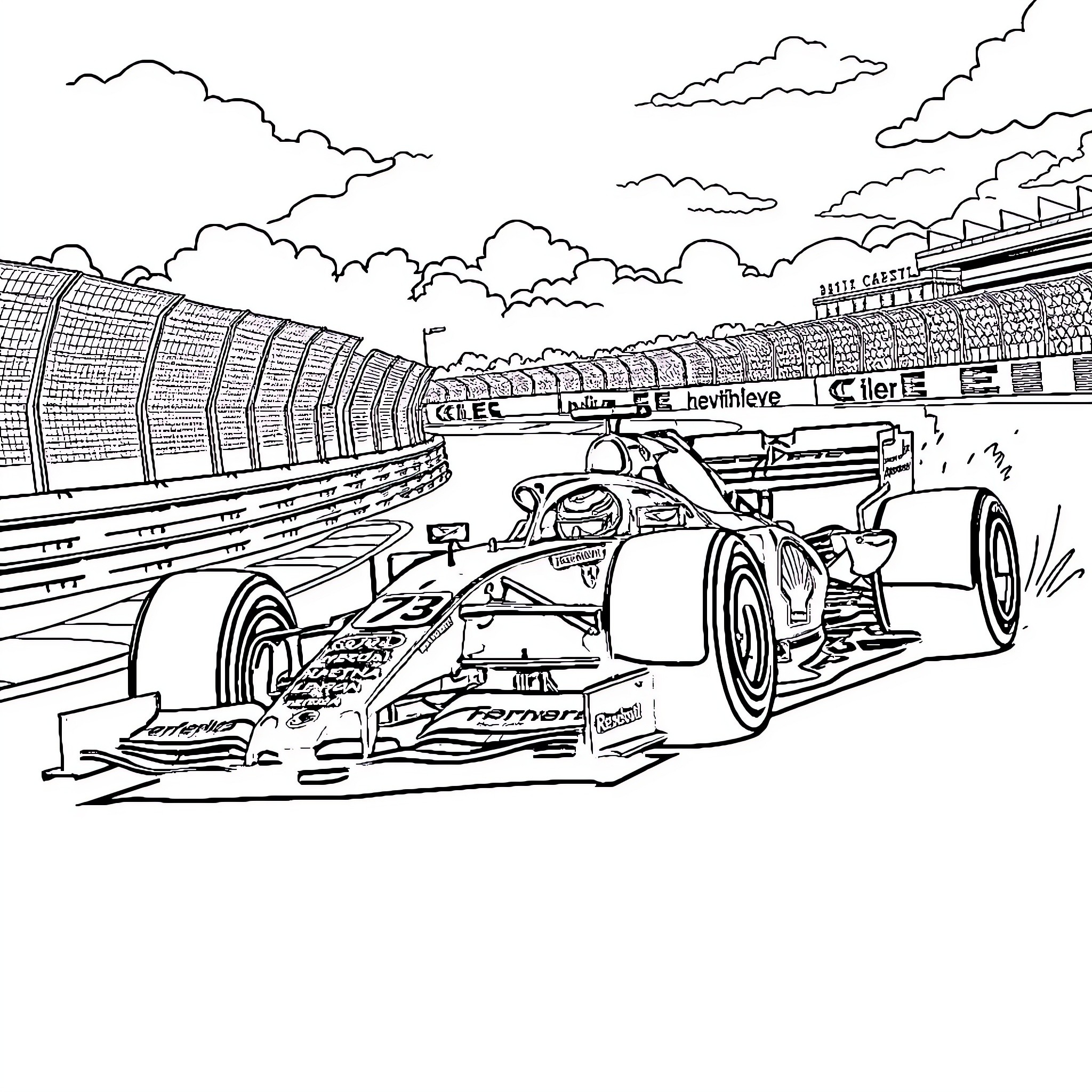 Ferrari Formula One Racing on the Track Coloring Page (free black-and-white line drawing printable PDF for all, from beginners to advanced learners, including children, teens, adults, and seniors)