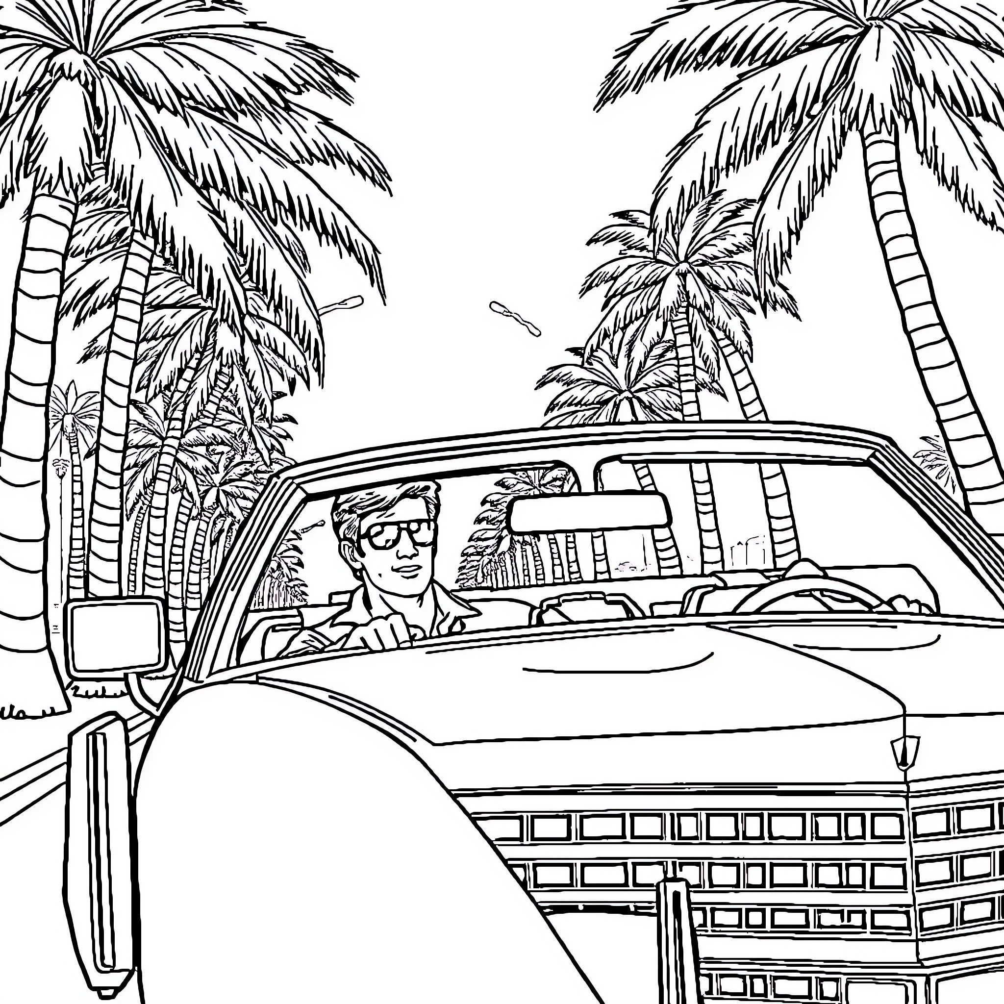David Hasselhoff cruising in a car along a palm-lined beach Coloring Page (free black-and-white line drawing printable PDF for all, from beginners to advanced learners, including children, teens, adults, and seniors)