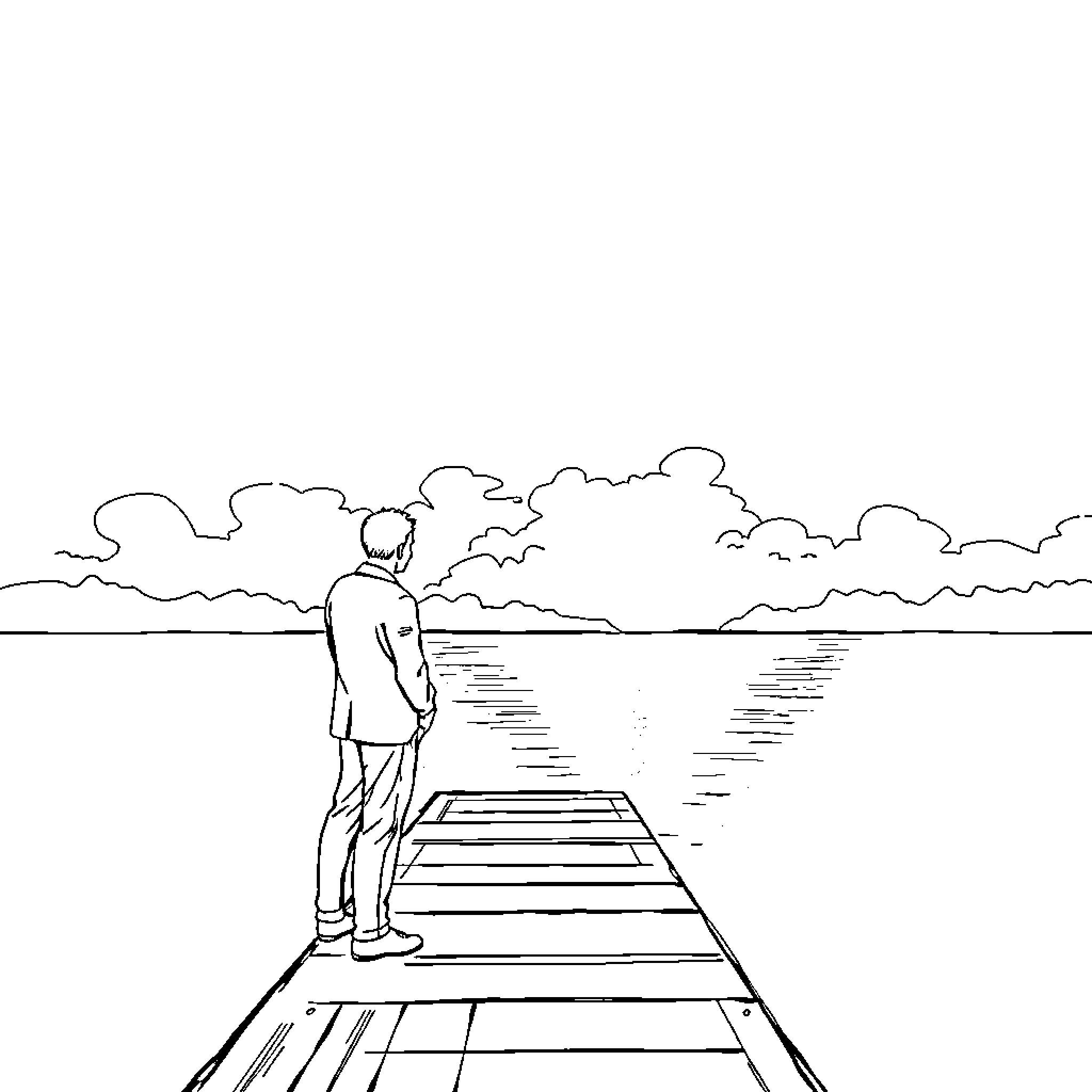 Jay Gatsby admiring the tranquil lakeside view Coloring Page (free black-and-white line drawing printable PDF for all, from beginners to advanced learners, including children, teens, adults, and seniors)