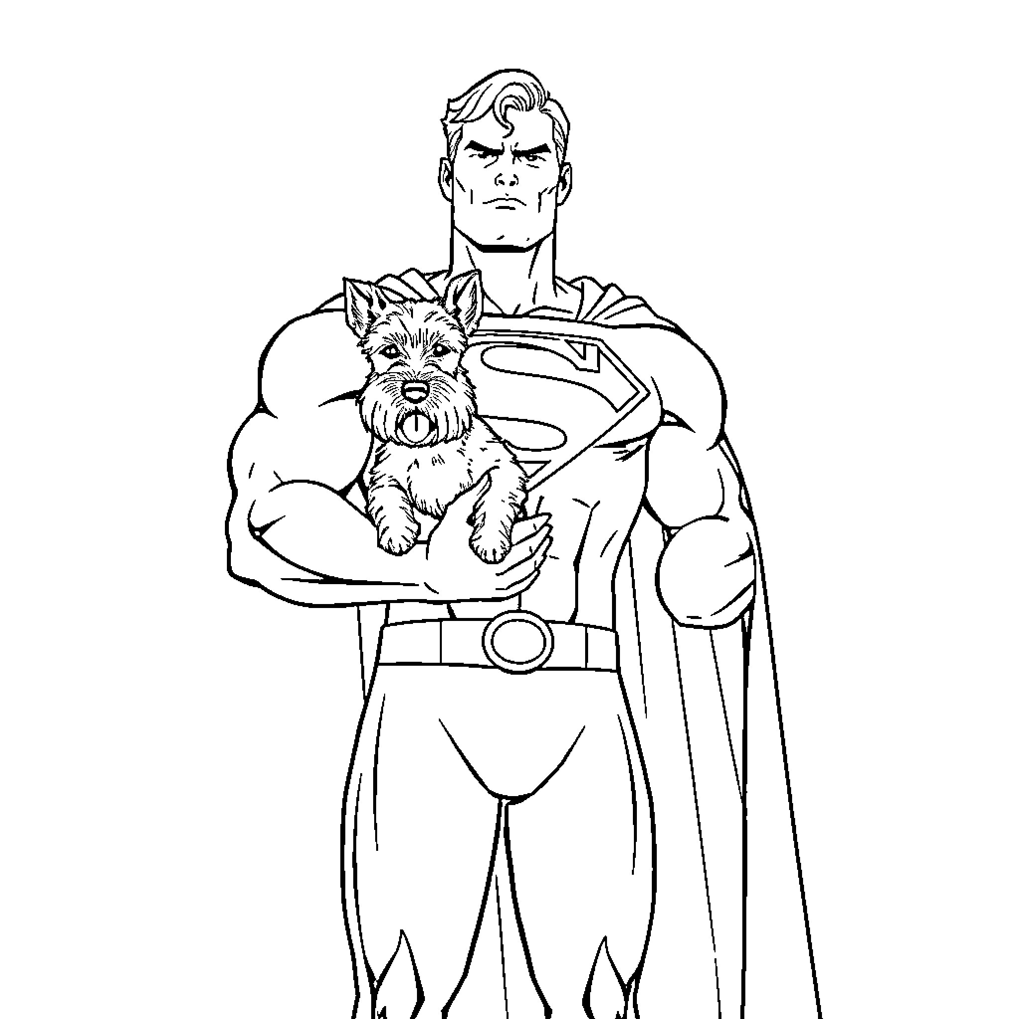 Superman holding a small dog with care Coloring Page (free black-and-white line drawing printable PDF for all, from beginners to advanced learners, including children, teens, adults, and seniors)
