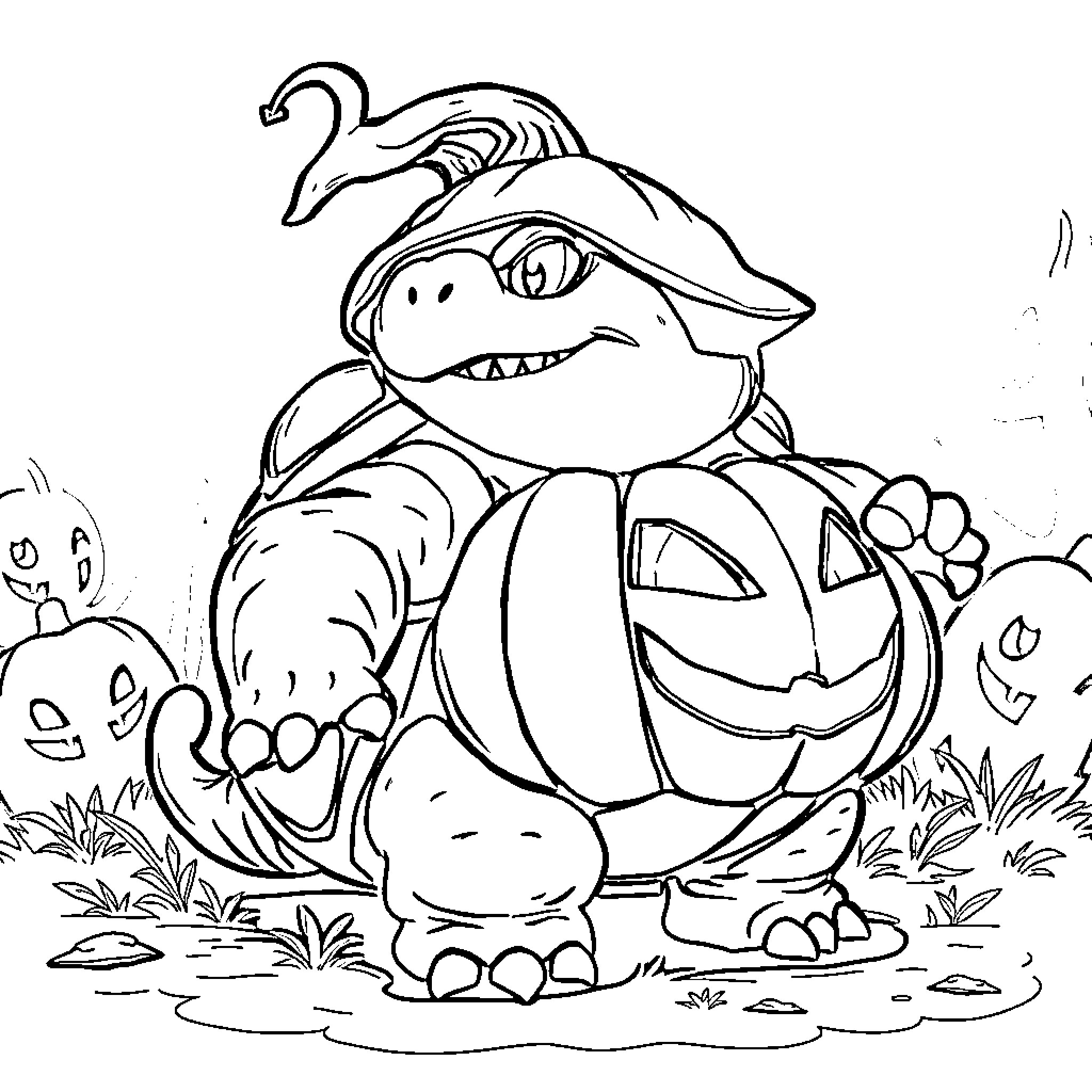Blastoise celebrating Halloween with a pumpkin Coloring Page (free black-and-white line drawing printable PDF for all, from beginners to advanced learners, including children, teens, adults, and seniors)