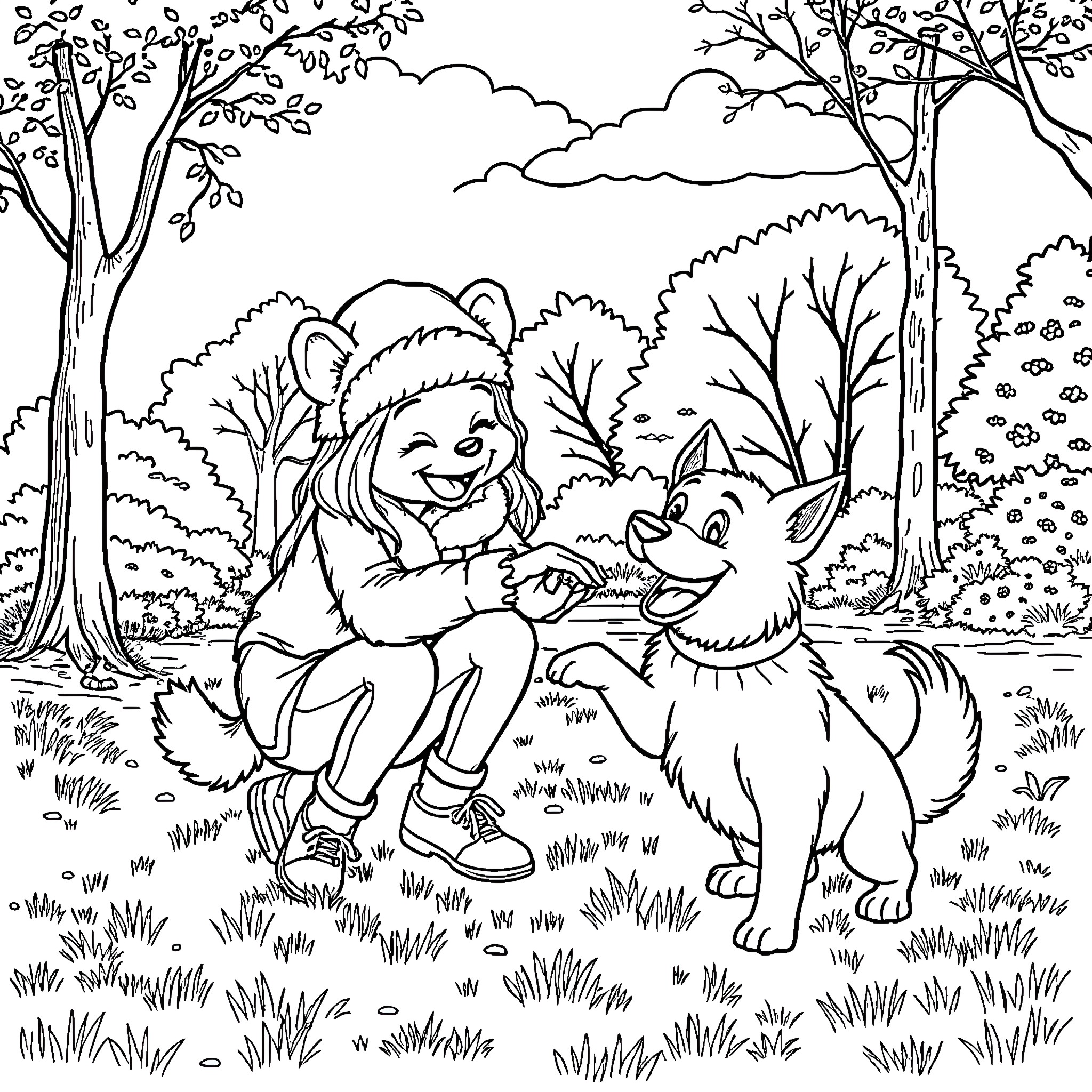Dog and child playing together in the forest Coloring Page (free black-and-white line drawing printable PDF for all, from beginners to advanced learners, including children, teens, adults, and seniors)