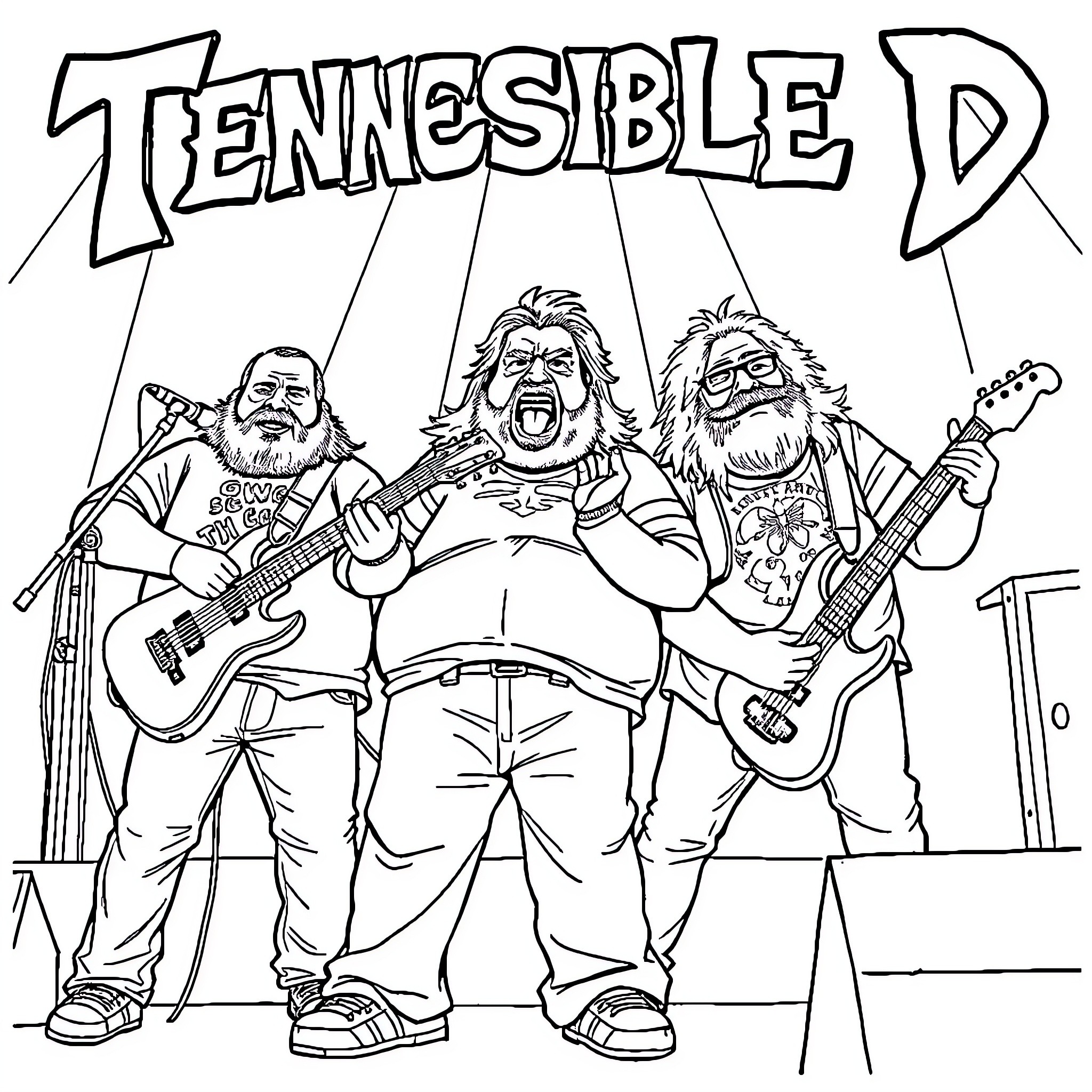 Tenacious D performing on stage with energy Coloring Page (free black-and-white line drawing printable PDF for all, from beginners to advanced learners, including children, teens, adults, and seniors)