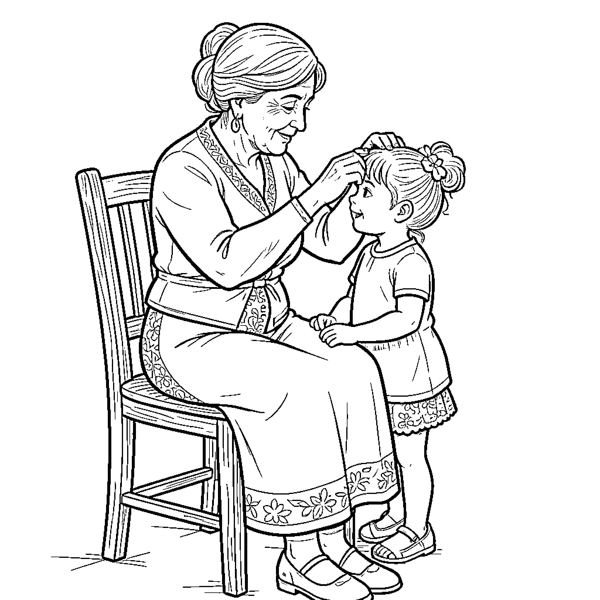 Grandmother gently styling a young girl's hair Coloring Page (free black-and-white line drawing printable PDF for all, from beginners to advanced learners, including children, teens, adults, and seniors)