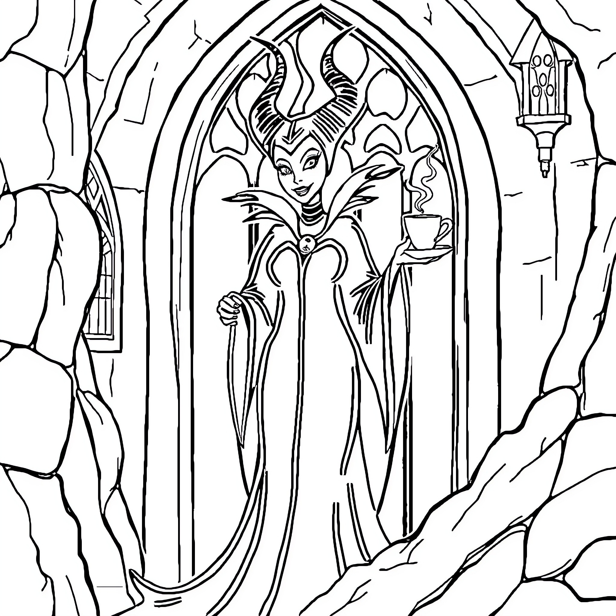 Maleficent's Iconic Silhouette in Dramatic Archway Coloring Page (free black-and-white line drawing printable PDF for all, from beginners to advanced learners, including children, teens, adults, and seniors)