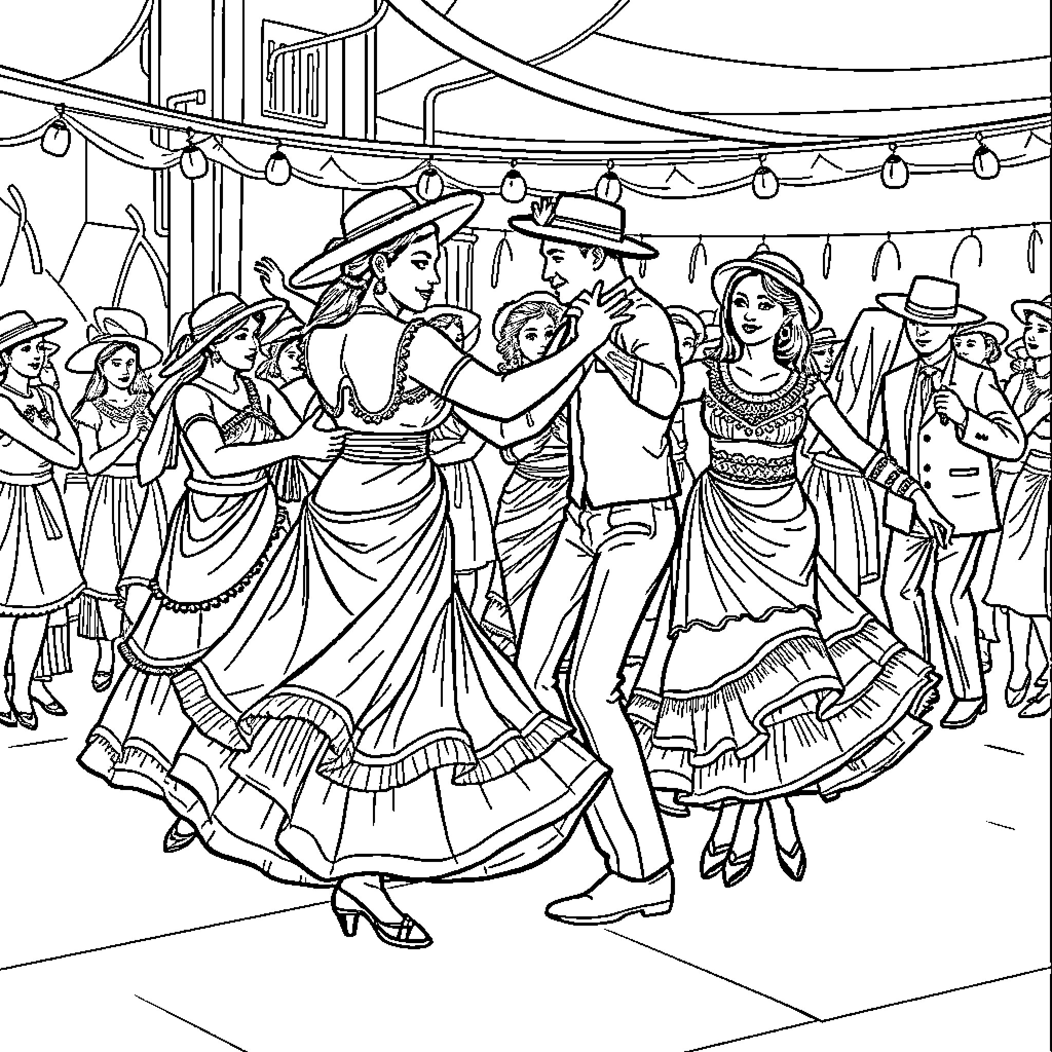Danza: Lively Folk Dance Performance Coloring Page (free black-and-white line drawing printable PDF for all, from beginners to advanced learners, including children, teens, adults, and seniors)