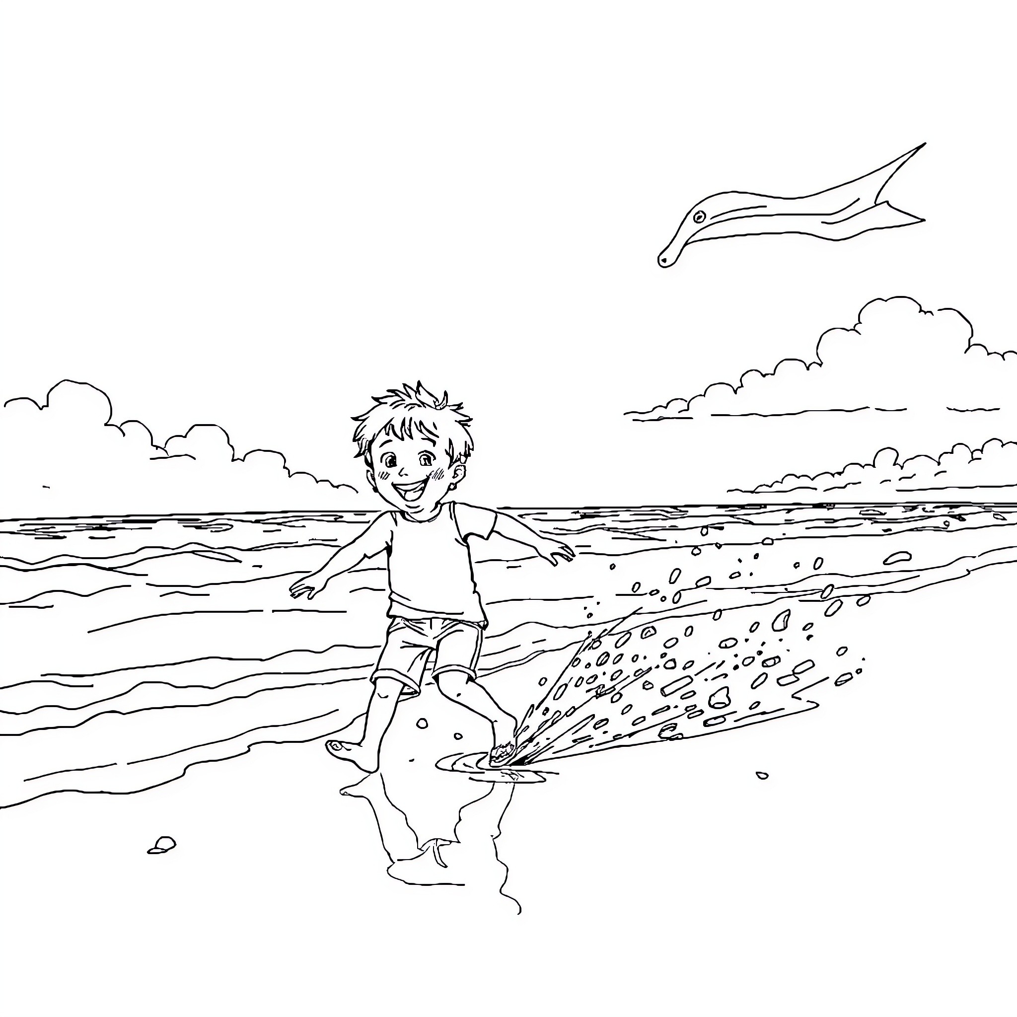 Child playing joyfully on the beach Coloring Page (free black-and-white line drawing printable PDF for all, from beginners to advanced learners, including children, teens, adults, and seniors)