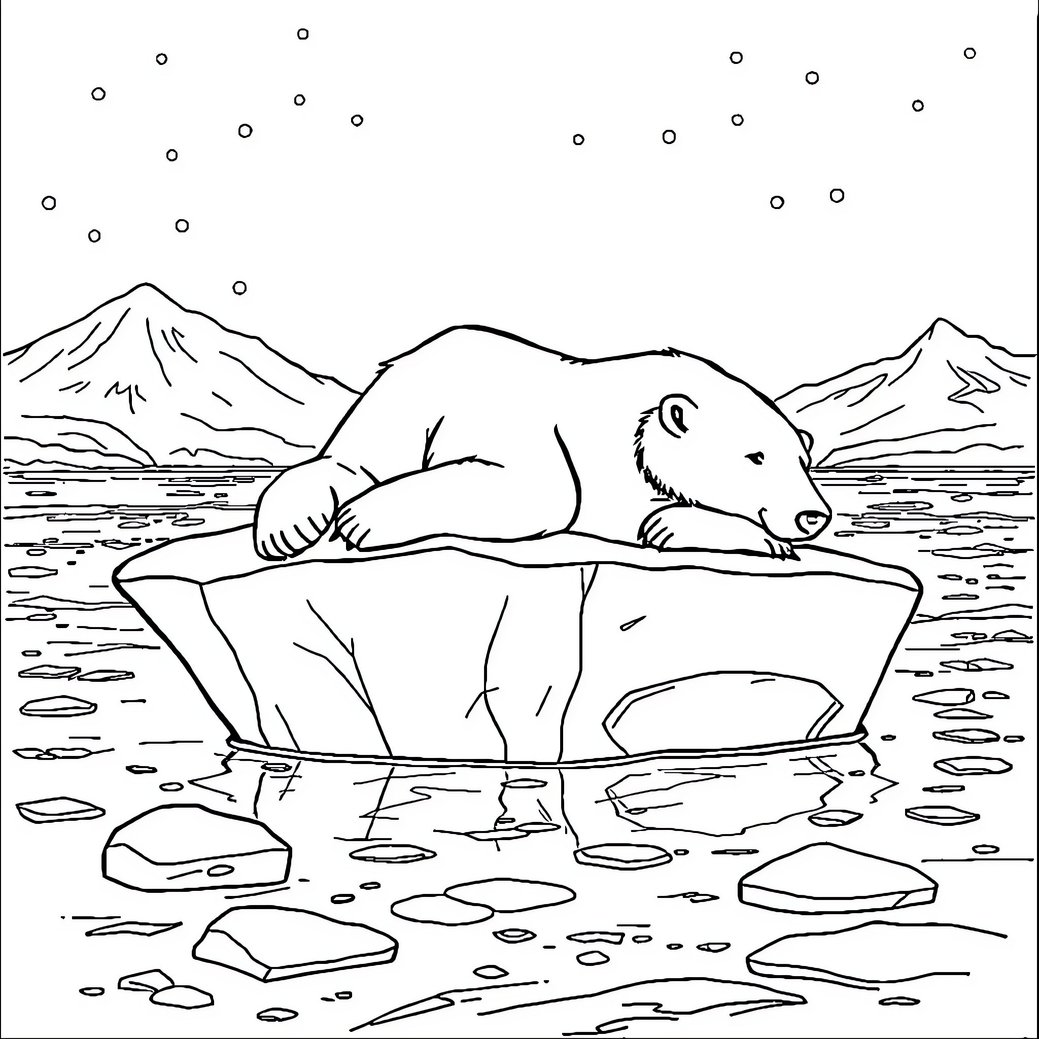 Polar Bear resting on an iceberg in the Arctic Coloring Page (free black-and-white line drawing printable PDF for all, from beginners to advanced learners, including children, teens, adults, and seniors)