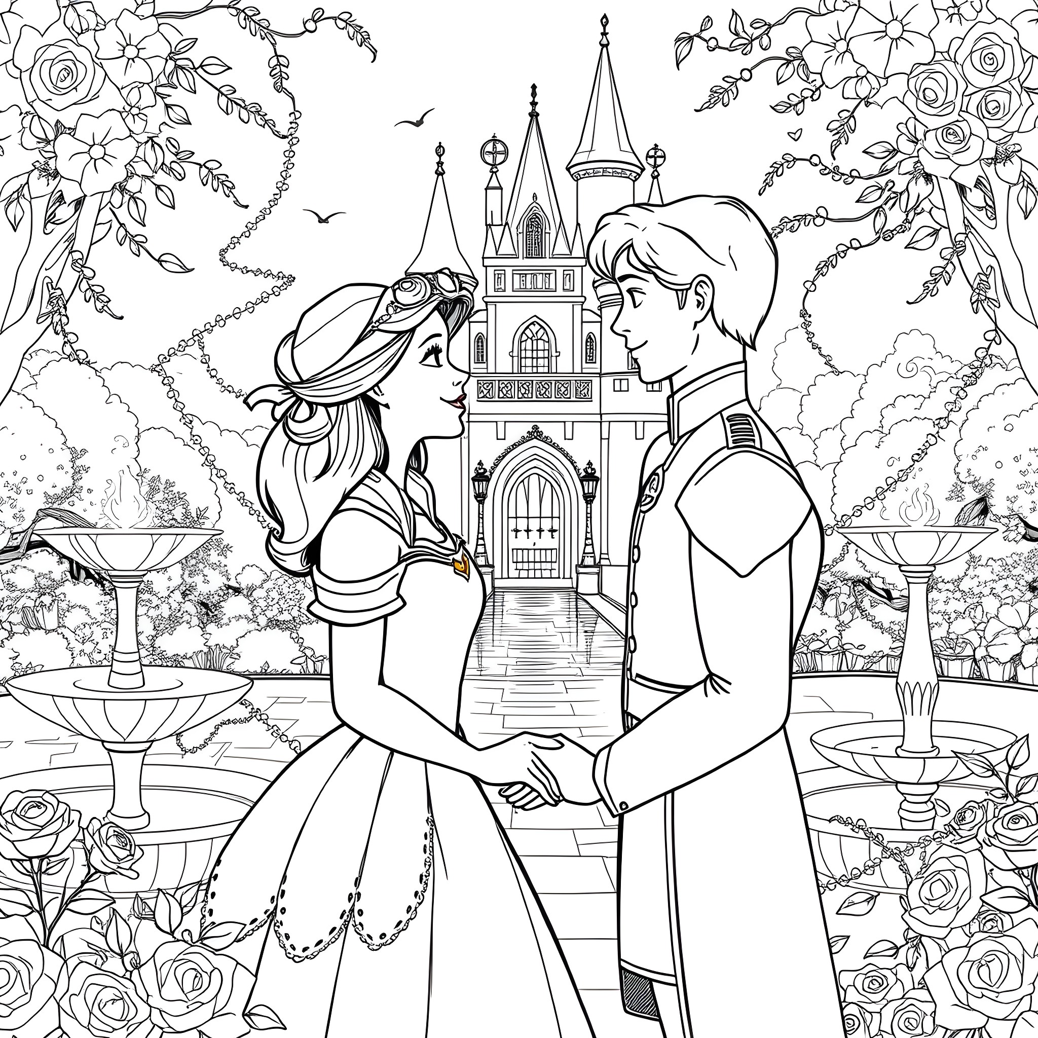 Belle and Prince Charming's Enchanting Castle Garden Coloring Page (free black-and-white line drawing printable PDF for all, from beginners to advanced learners, including children, teens, adults, and seniors)