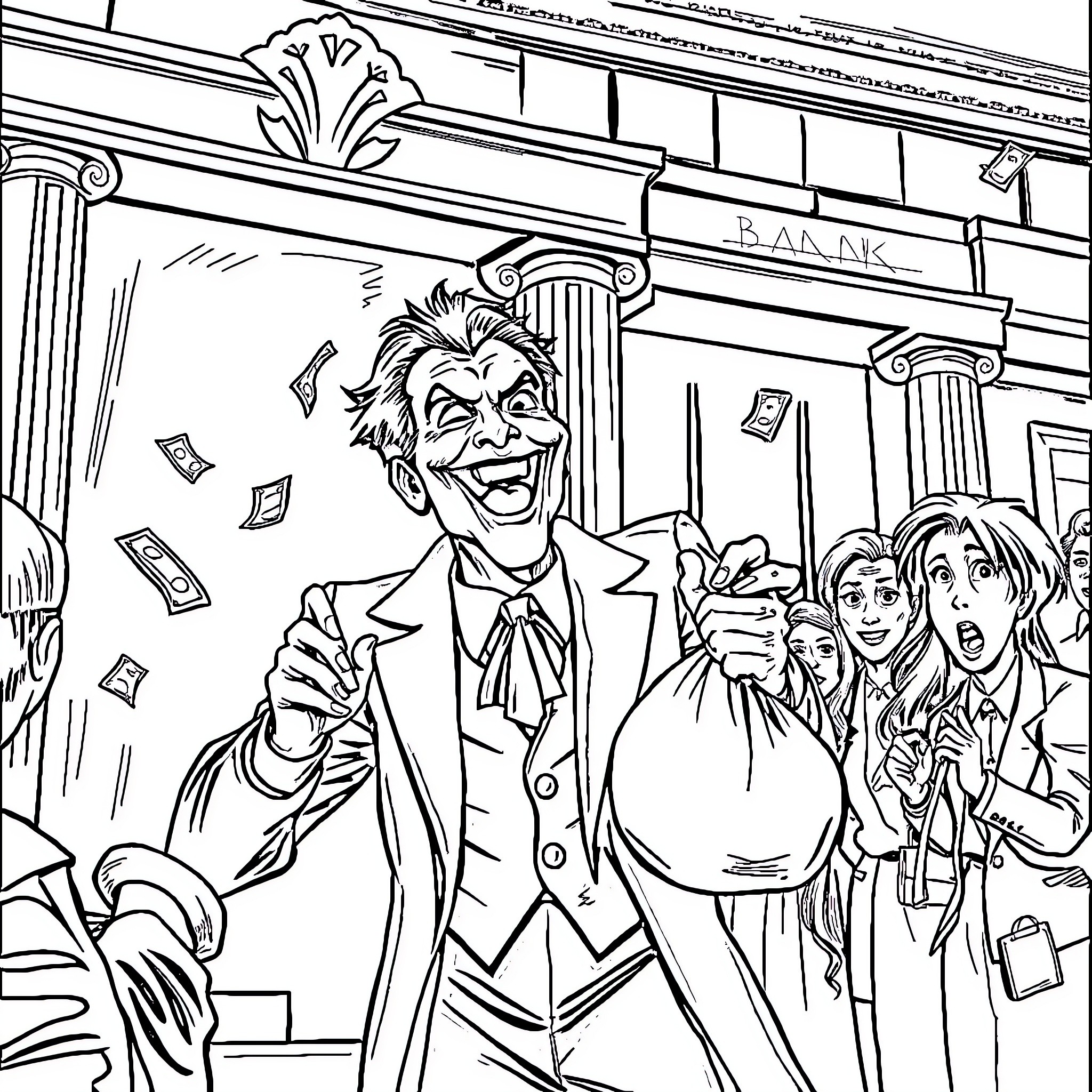 Joker Causing Chaos at the Bank Coloring Page (free black-and-white line drawing printable PDF for all, from beginners to advanced learners, including children, teens, adults, and seniors)