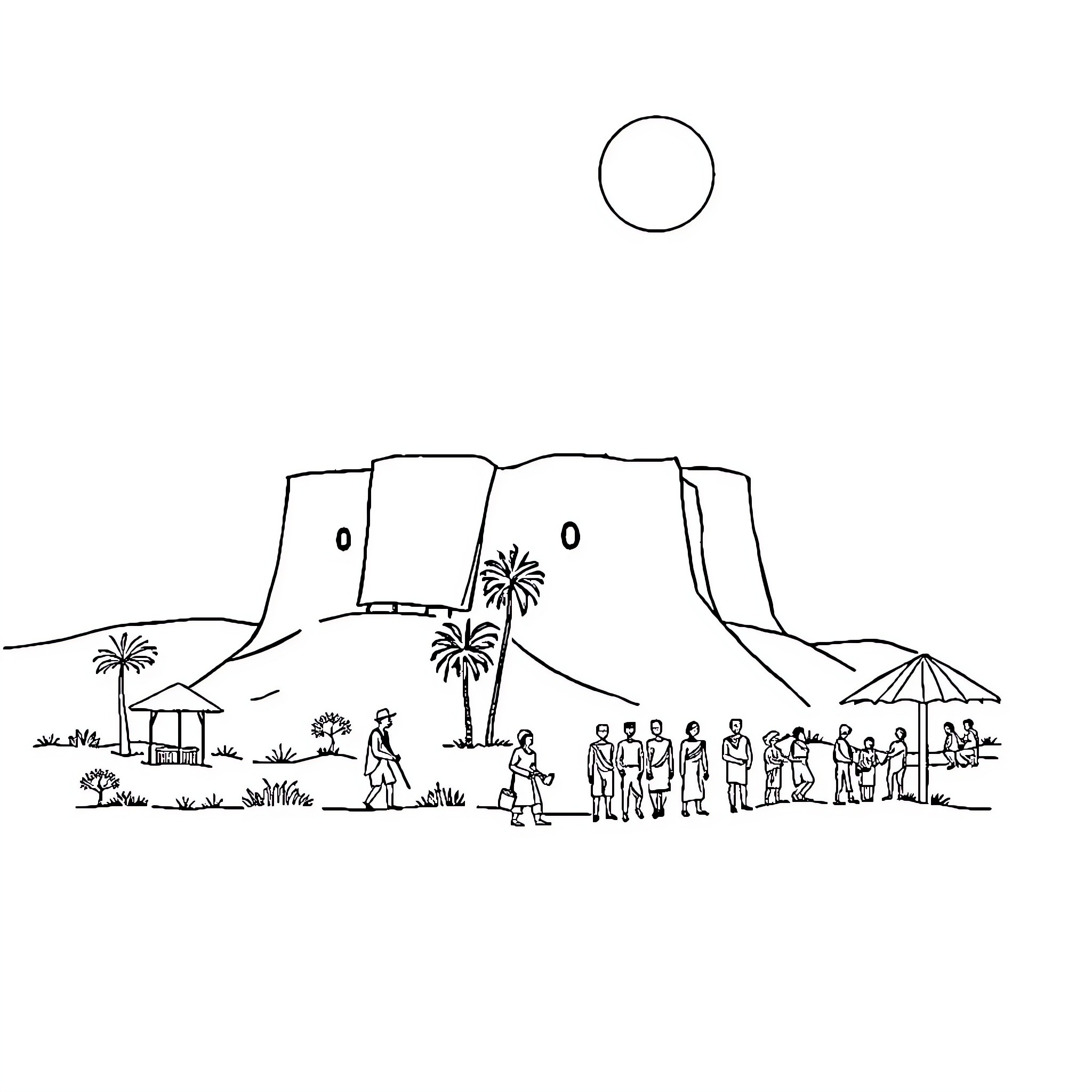 Chad's Desert Adventure with Friends Coloring Page (free black-and-white line drawing printable PDF for all, from beginners to advanced learners, including children, teens, adults, and seniors)