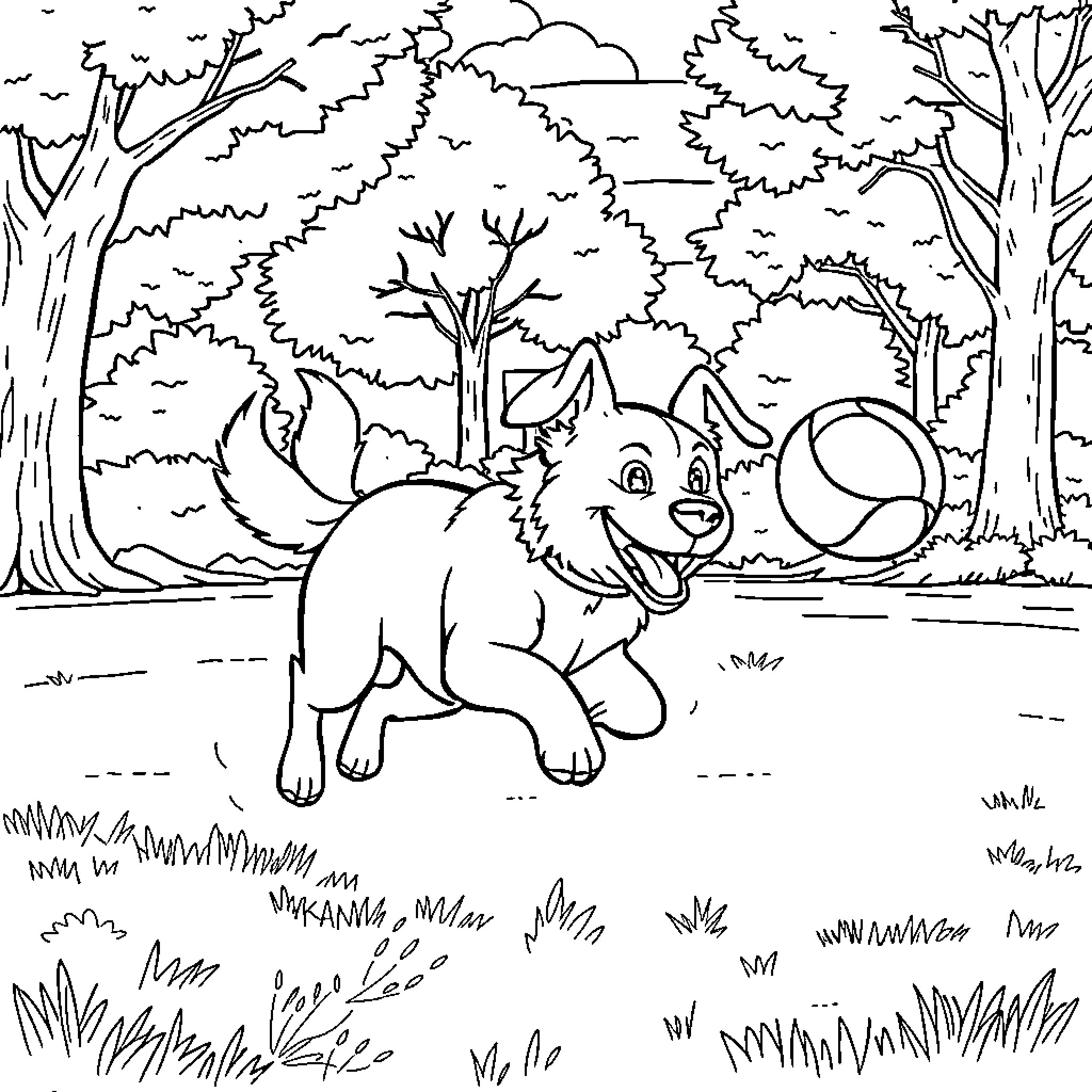 Dog playing in the forest Coloring Page (free black-and-white line drawing printable PDF for all, from beginners to advanced learners, including children, teens, adults, and seniors)