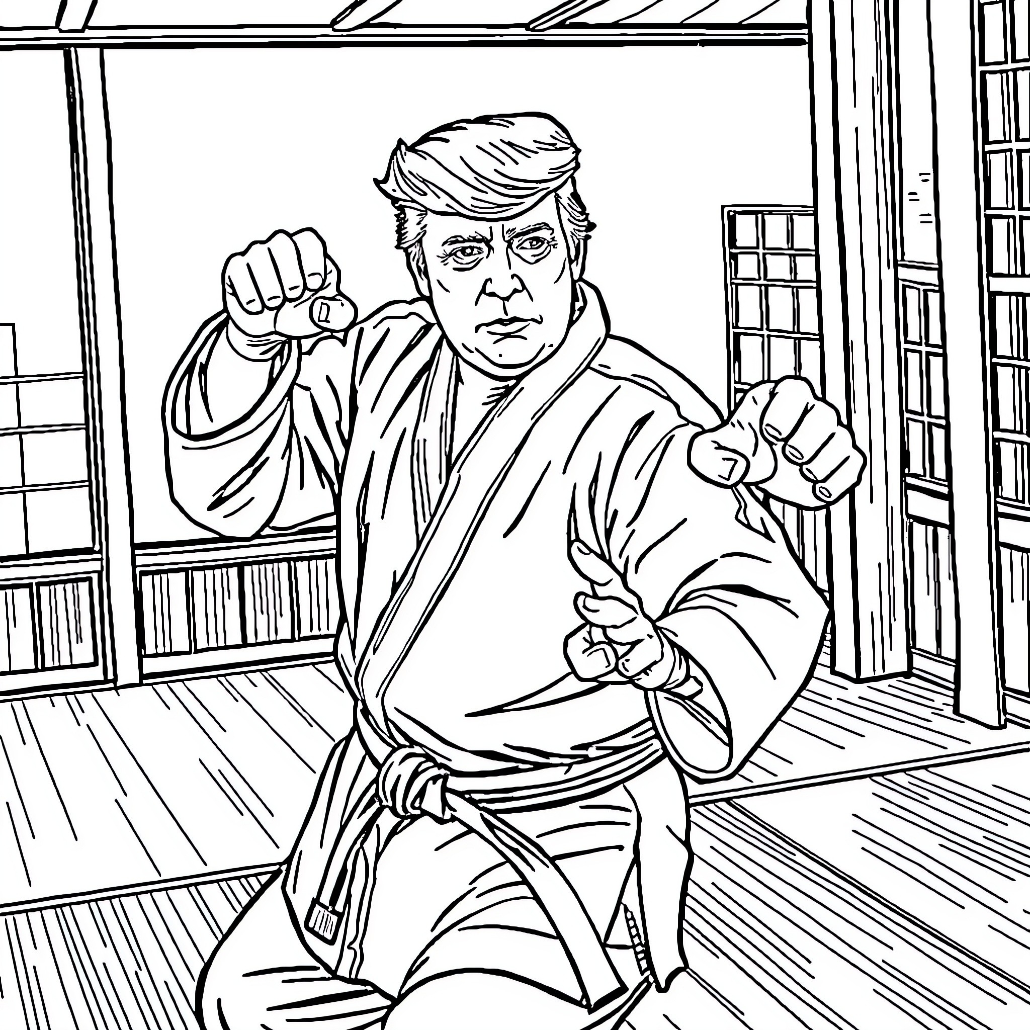 Trump in Karate Stance Coloring Page (free black-and-white line drawing printable PDF for all, from beginners to advanced learners, including children, teens, adults, and seniors)