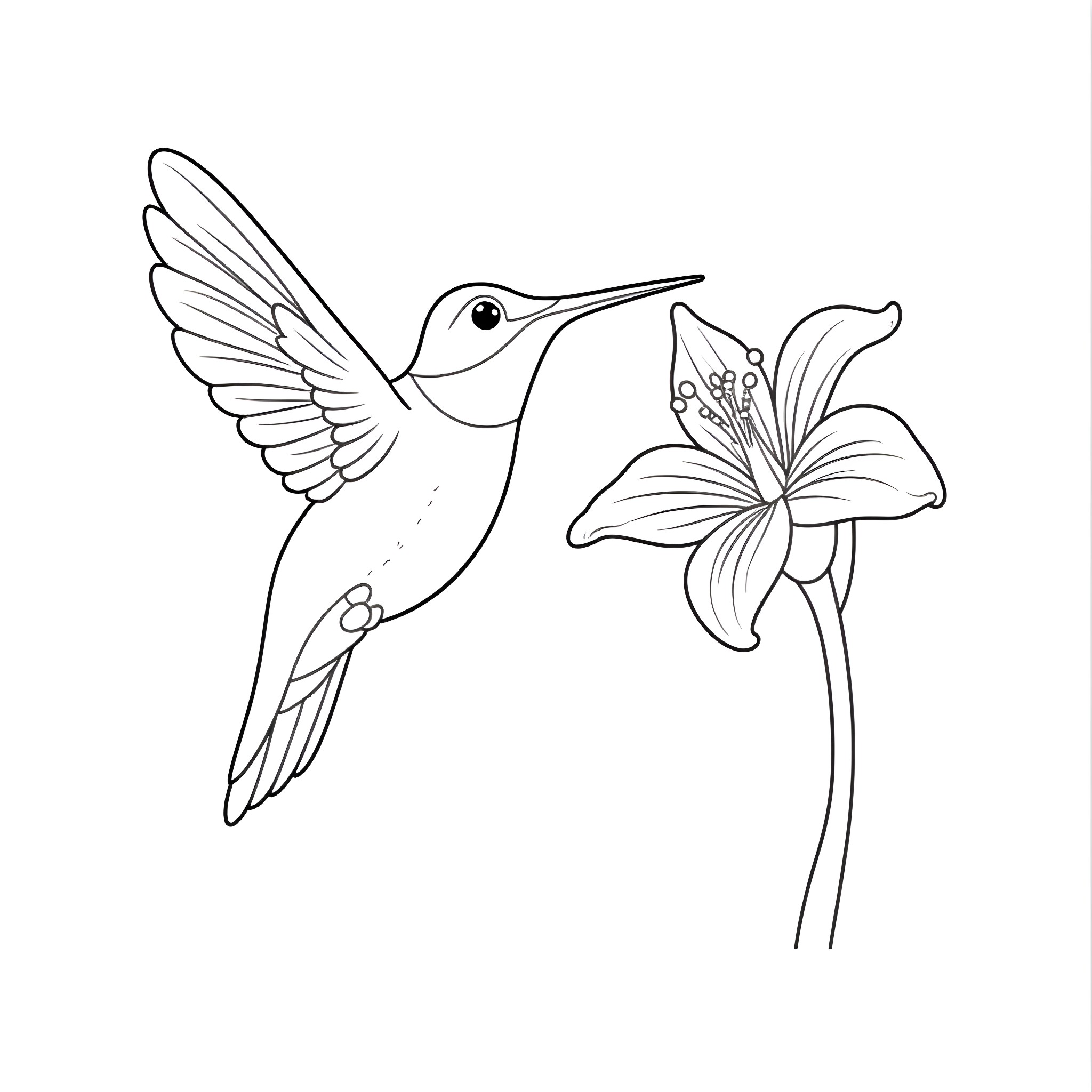 Hummingbird and flower line art Coloring Page (free black-and-white line drawing printable PDF for all, from beginners to advanced learners, including children, teens, adults, and seniors)