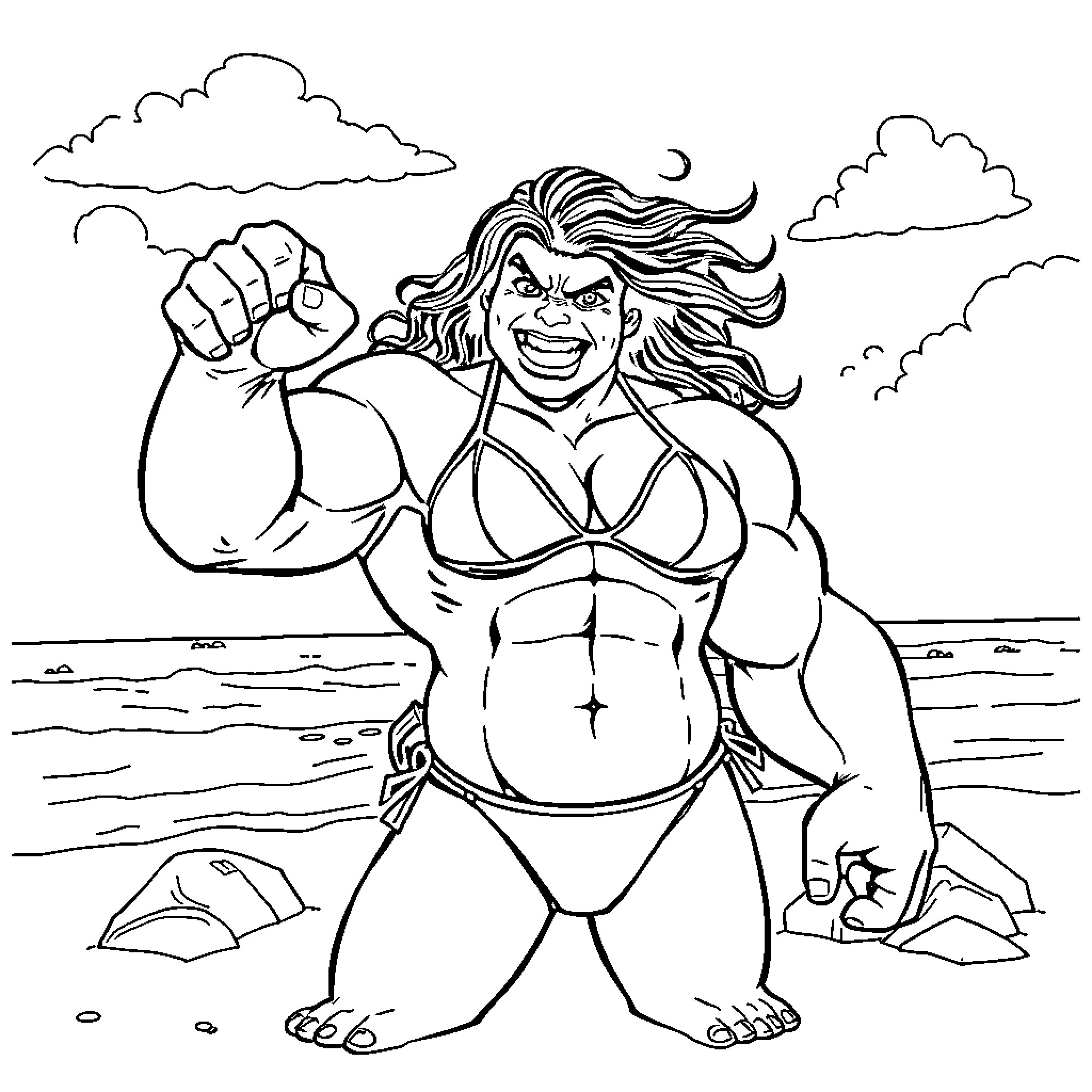 Hulk Unleashing Strength on the Beach Coloring Page (free black-and-white line drawing printable PDF for all, from beginners to advanced learners, including children, teens, adults, and seniors)