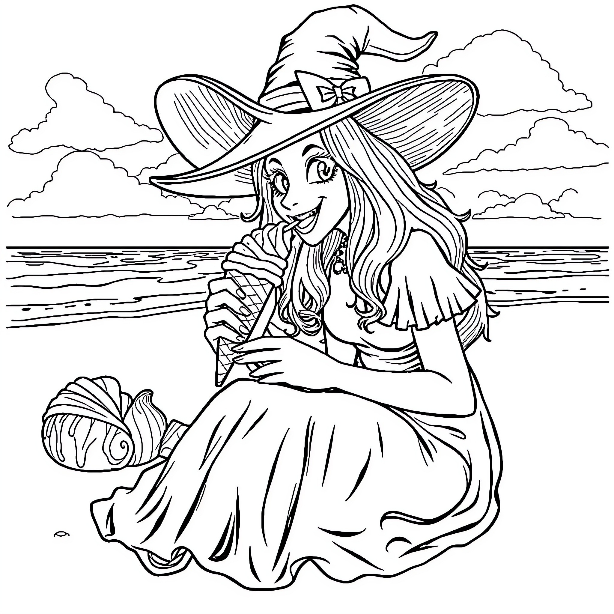 Witch sitting by the sea with her magical book Coloring Page (free black-and-white line drawing printable PDF for all, from beginners to advanced learners, including children, teens, adults, and seniors)