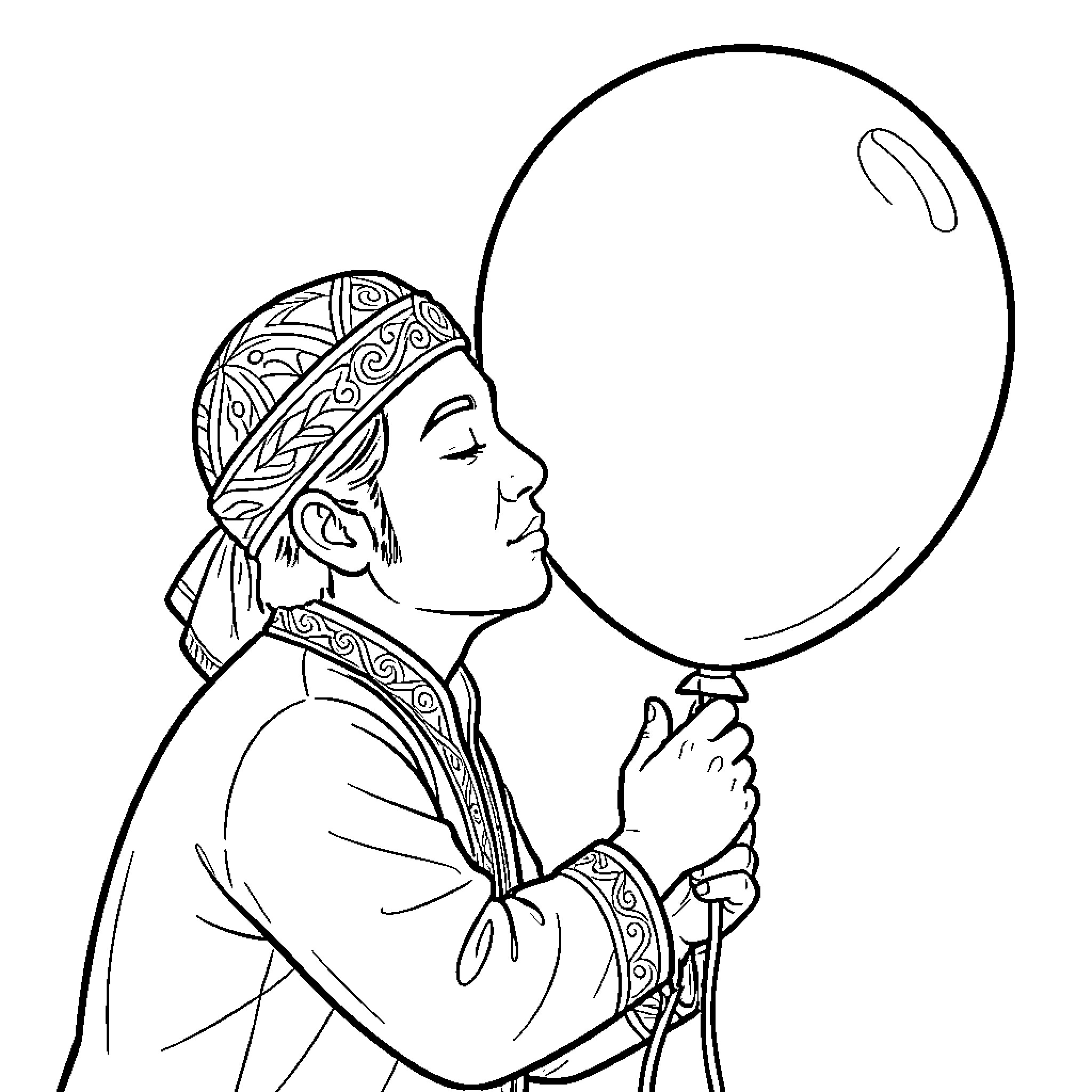 Yamin blowing air into a large round balloon Coloring Page (free black-and-white line drawing printable PDF for all, from beginners to advanced learners, including children, teens, adults, and seniors)
