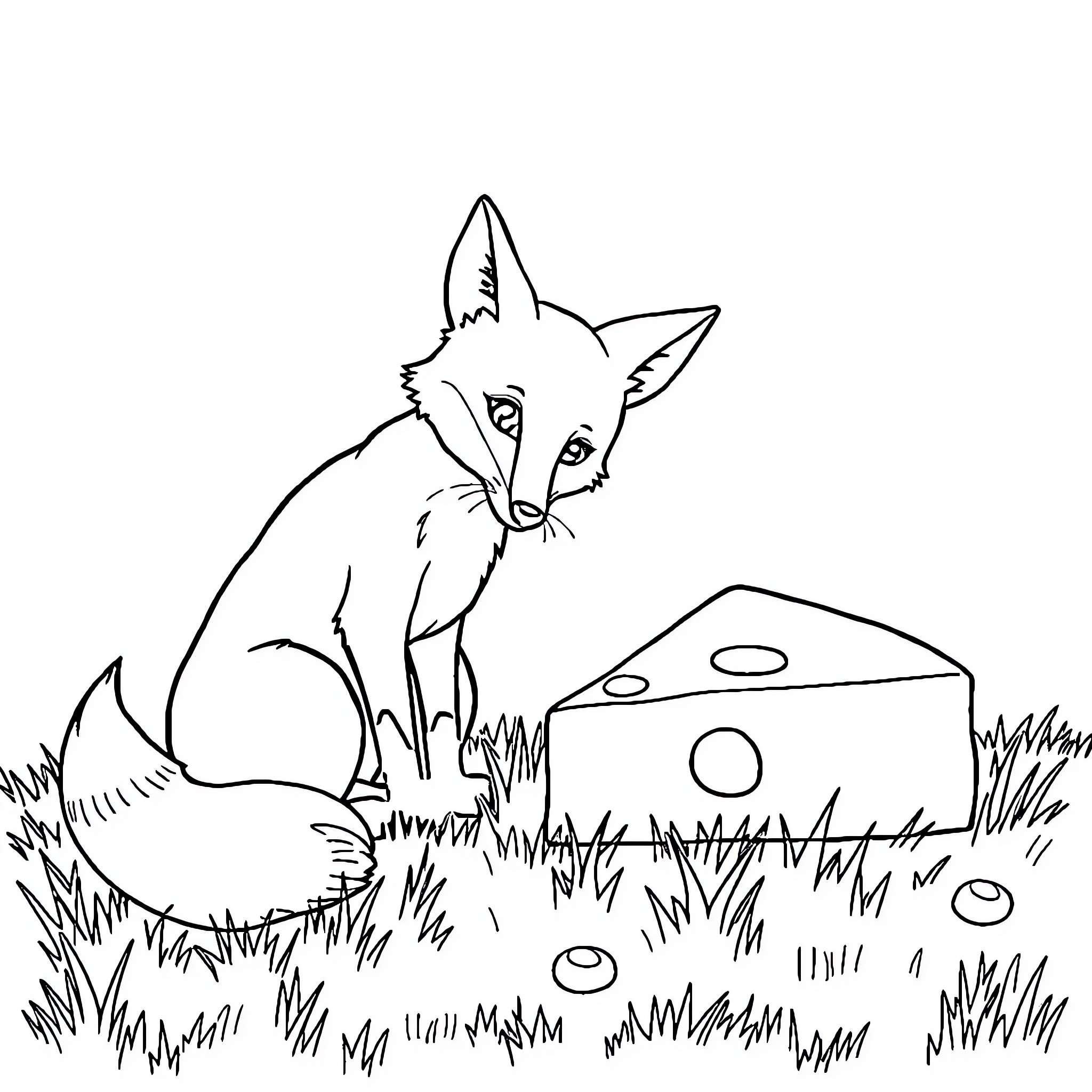 Fox resting near a mushroom-shaped object Coloring Page (free black-and-white line drawing printable PDF for all, from beginners to advanced learners, including children, teens, adults, and seniors)
