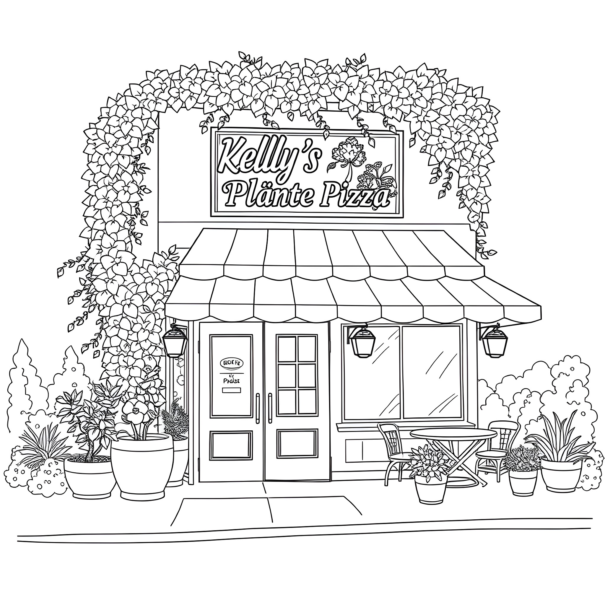 Restaurant with Floral Decor and Outdoor Seating Coloring Page (free black-and-white line drawing printable PDF for all, from beginners to advanced learners, including children, teens, adults, and seniors)