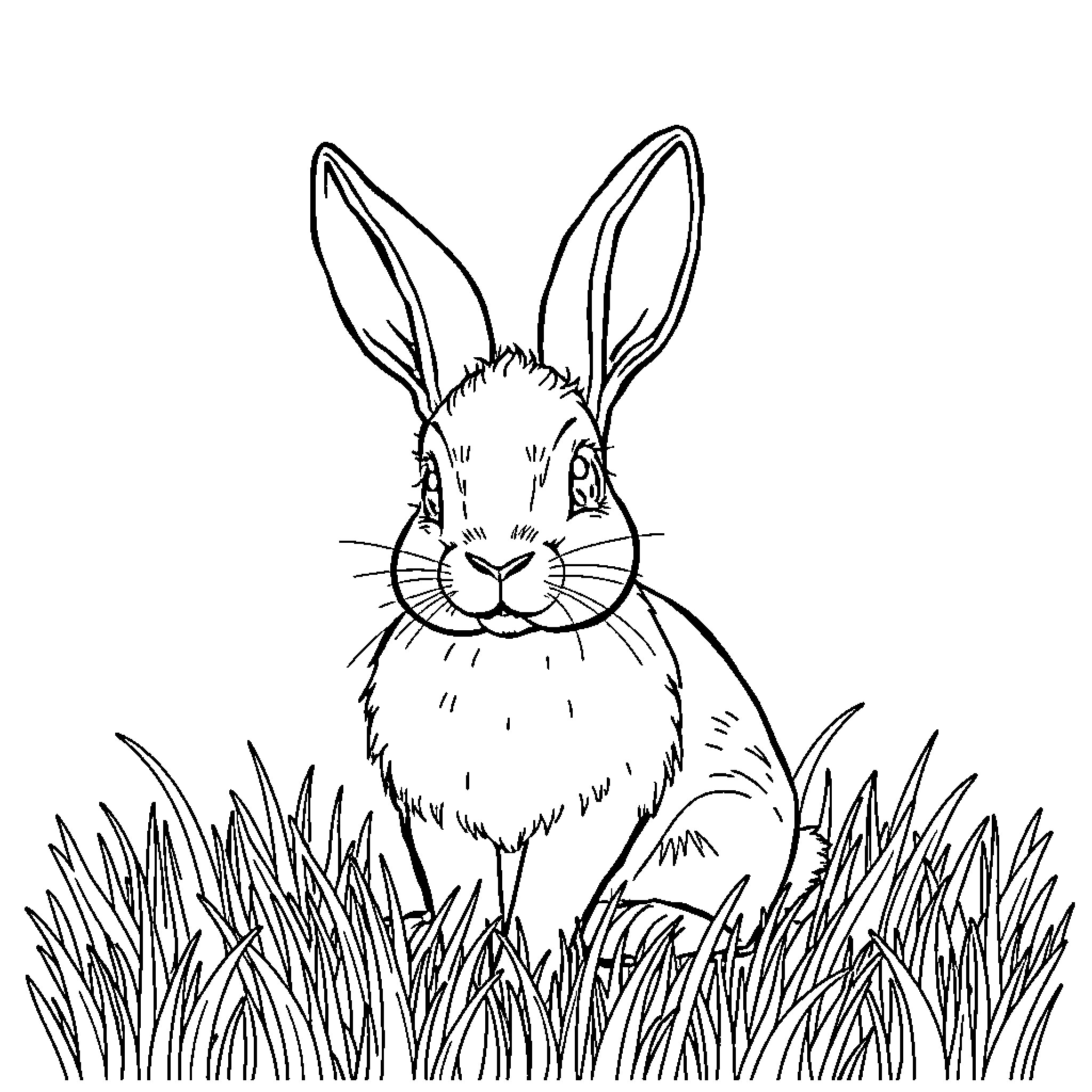 Rabbit sitting in the tall grass Coloring Page (free black-and-white line drawing printable PDF for all, from beginners to advanced learners, including children, teens, adults, and seniors)