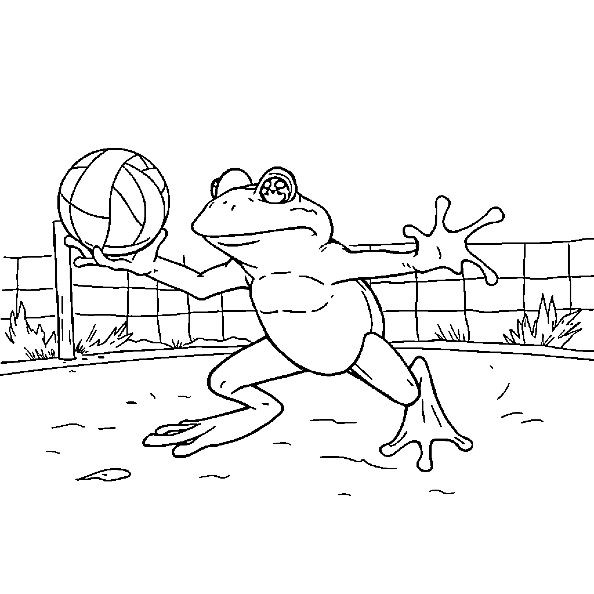 Frog jumping and playing with ball on grass Coloring Page (free black-and-white line drawing printable PDF for all, from beginners to advanced learners, including children, teens, adults, and seniors)