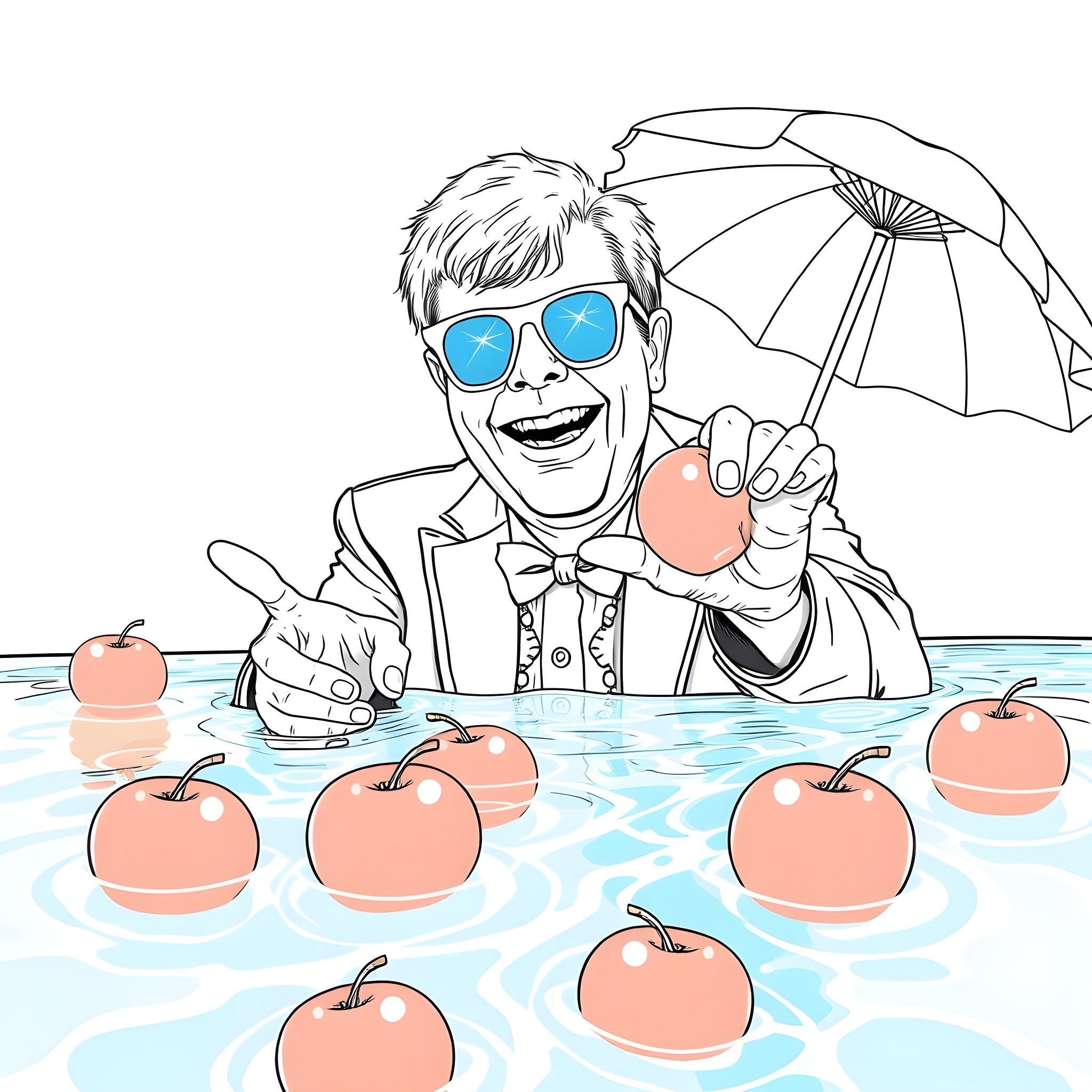 Elton John celebrates with apples in a pool Coloring Page (free black-and-white line drawing printable PDF for all, from beginners to advanced learners, including children, teens, adults, and seniors)