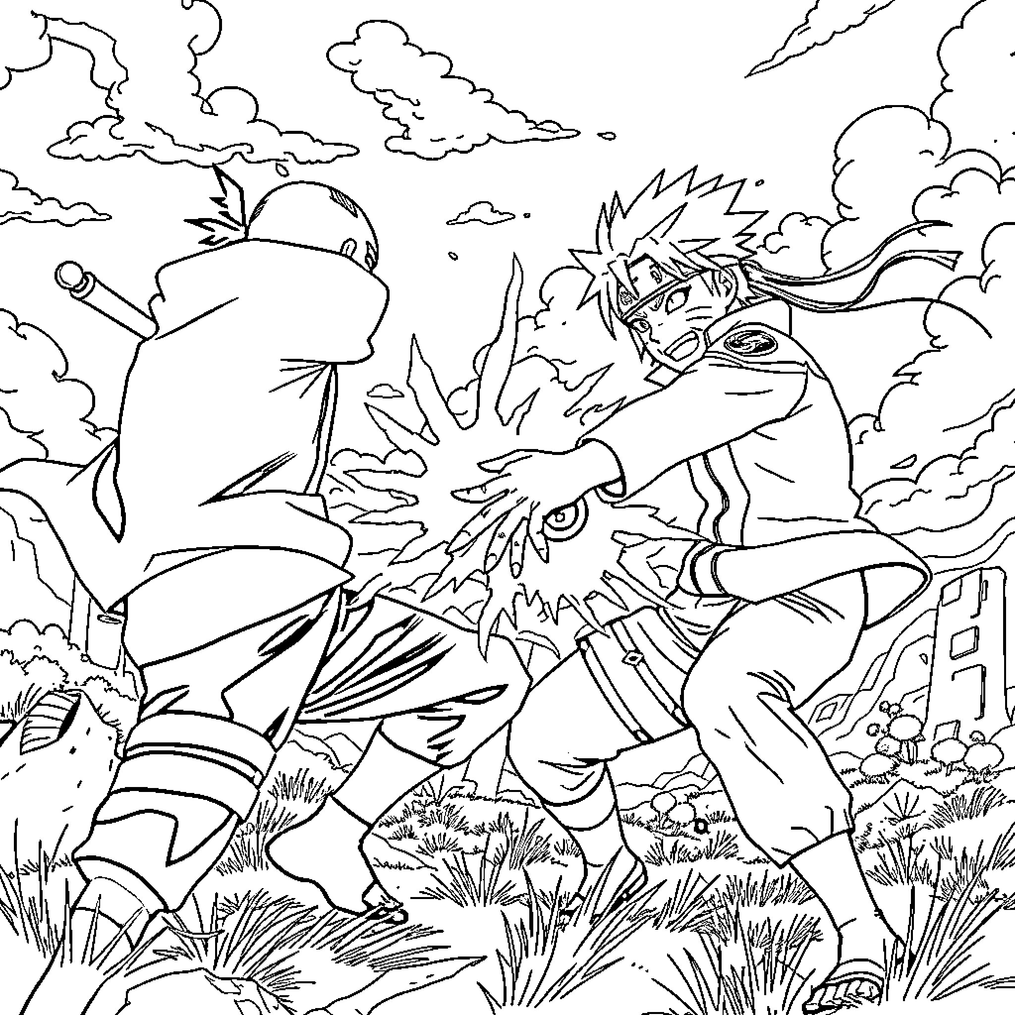 Naruto in Intense Combat with Giant Frog Coloring Page (free black-and-white line drawing printable PDF for all, from beginners to advanced learners, including children, teens, adults, and seniors)
