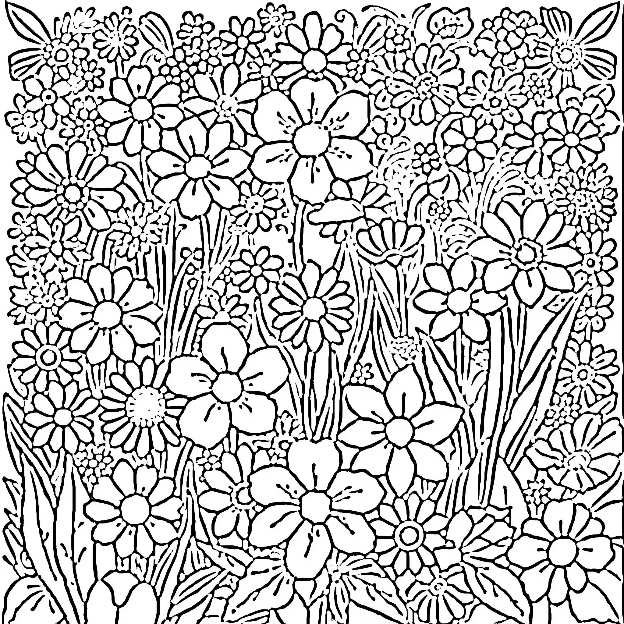 Flower Garden with Vibrant Blooms Coloring Page (free black-and-white line drawing printable PDF for all, from beginners to advanced learners, including children, teens, adults, and seniors)