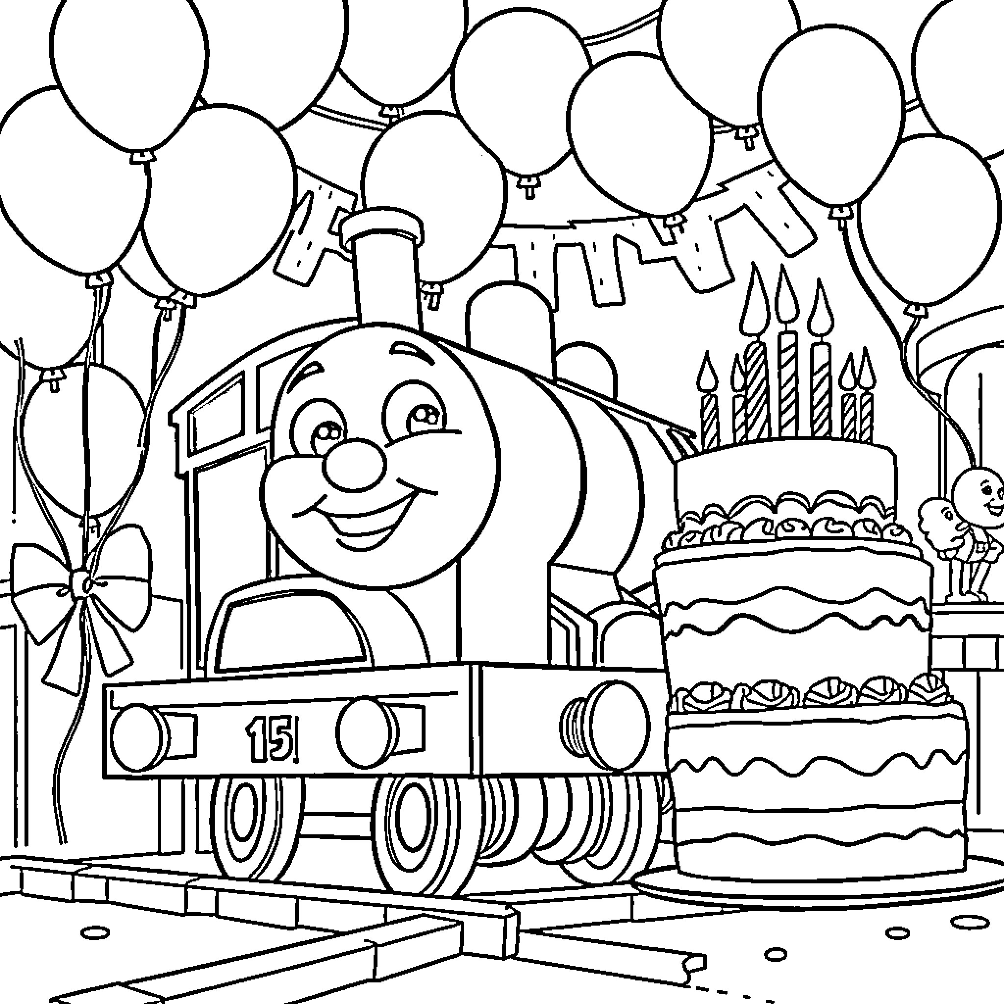 Thomas the Tank Engine's Birthday Celebration Coloring Page (free black-and-white line drawing printable PDF for all, from beginners to advanced learners, including children, teens, adults, and seniors)