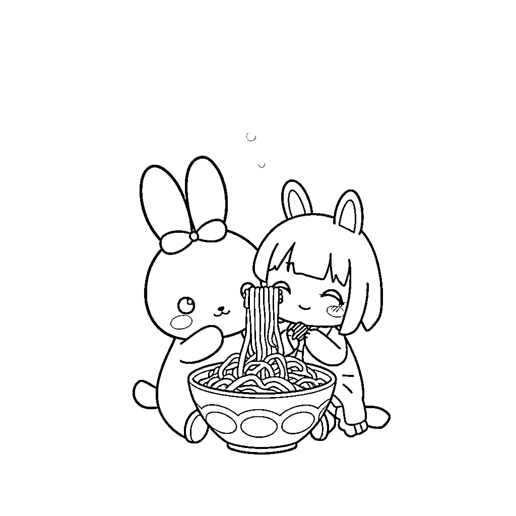 Cinnamoroll enjoying a bowl of noodles with a friend Coloring Page (free black-and-white line drawing printable PDF for all, from beginners to advanced learners, including children, teens, adults, and seniors)
