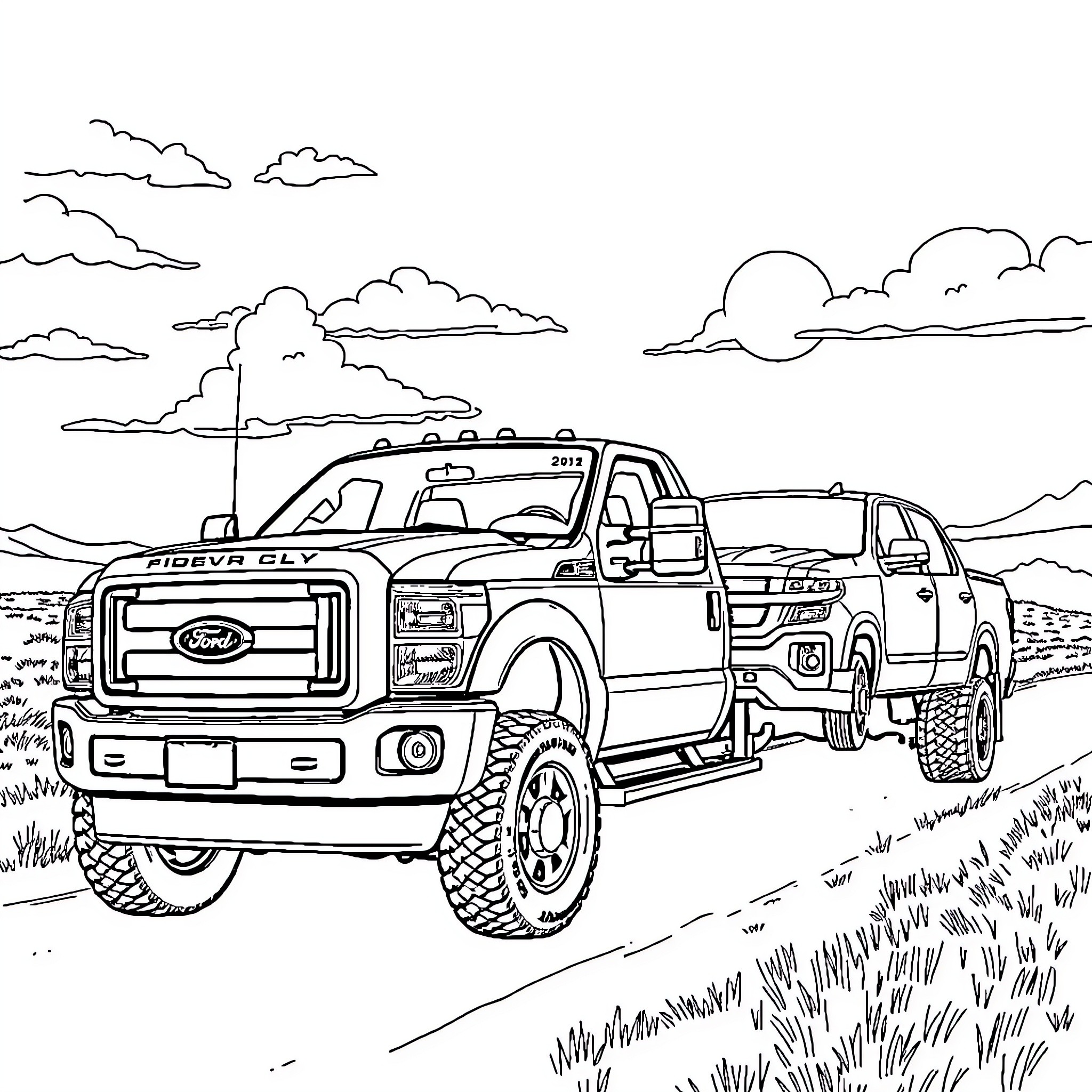 Truck hauling a trailer in the countryside Coloring Page (free black-and-white line drawing printable PDF for all, from beginners to advanced learners, including children, teens, adults, and seniors)