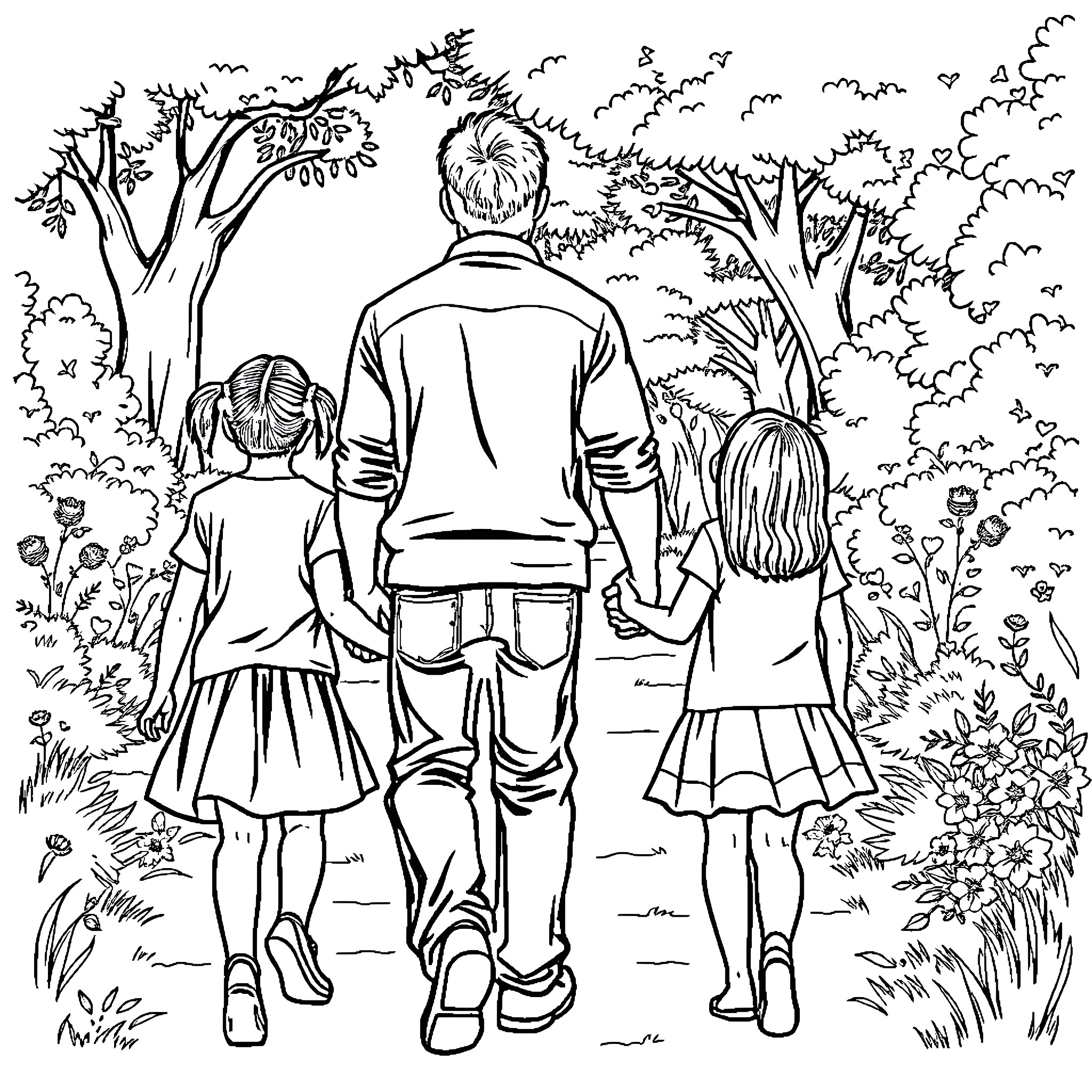 Dad takes family on a nature walk Coloring Page (free black-and-white line drawing printable PDF for all, from beginners to advanced learners, including children, teens, adults, and seniors)