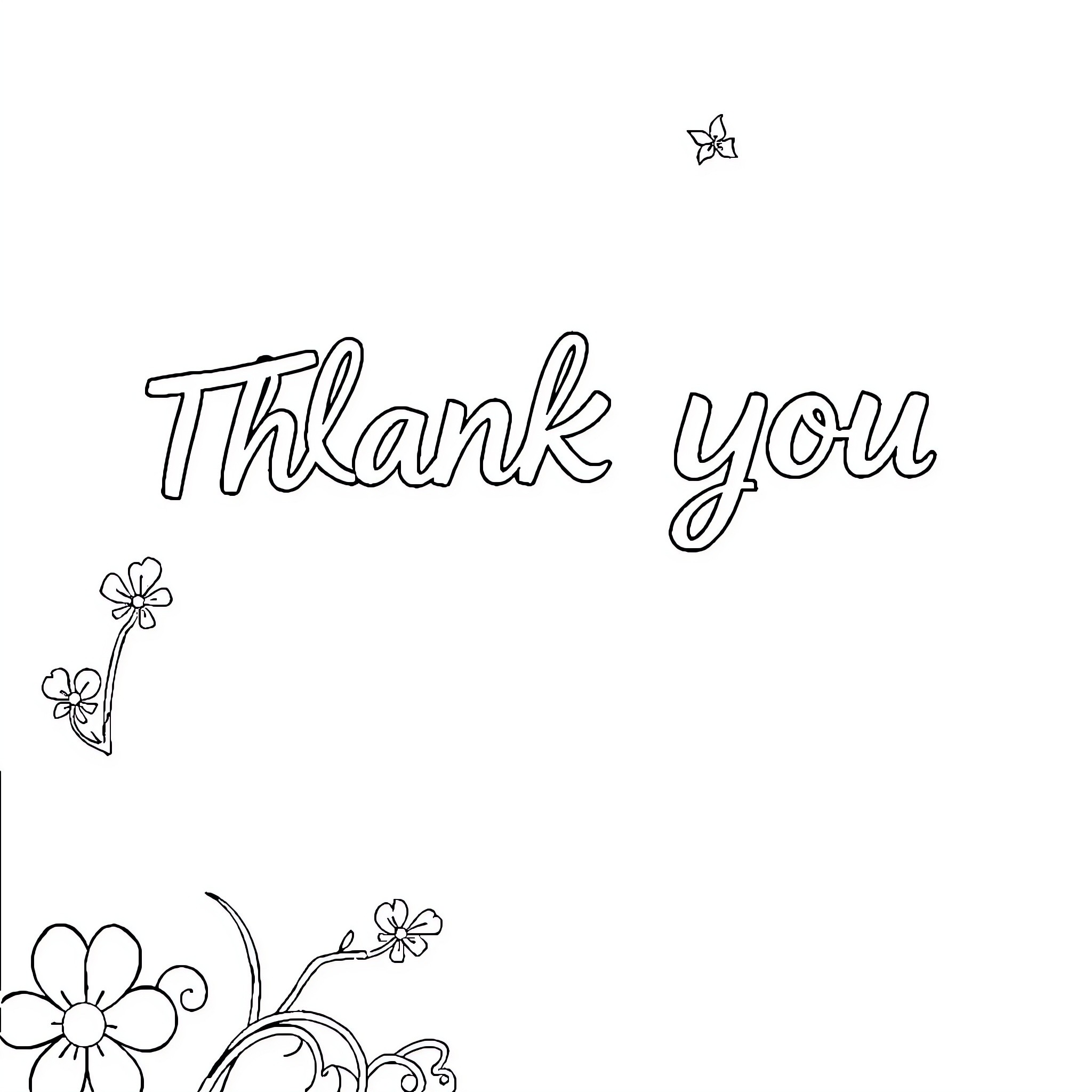 Thank You with Floral Decorations Coloring Page (free black-and-white line drawing printable PDF for all, from beginners to advanced learners, including children, teens, adults, and seniors)