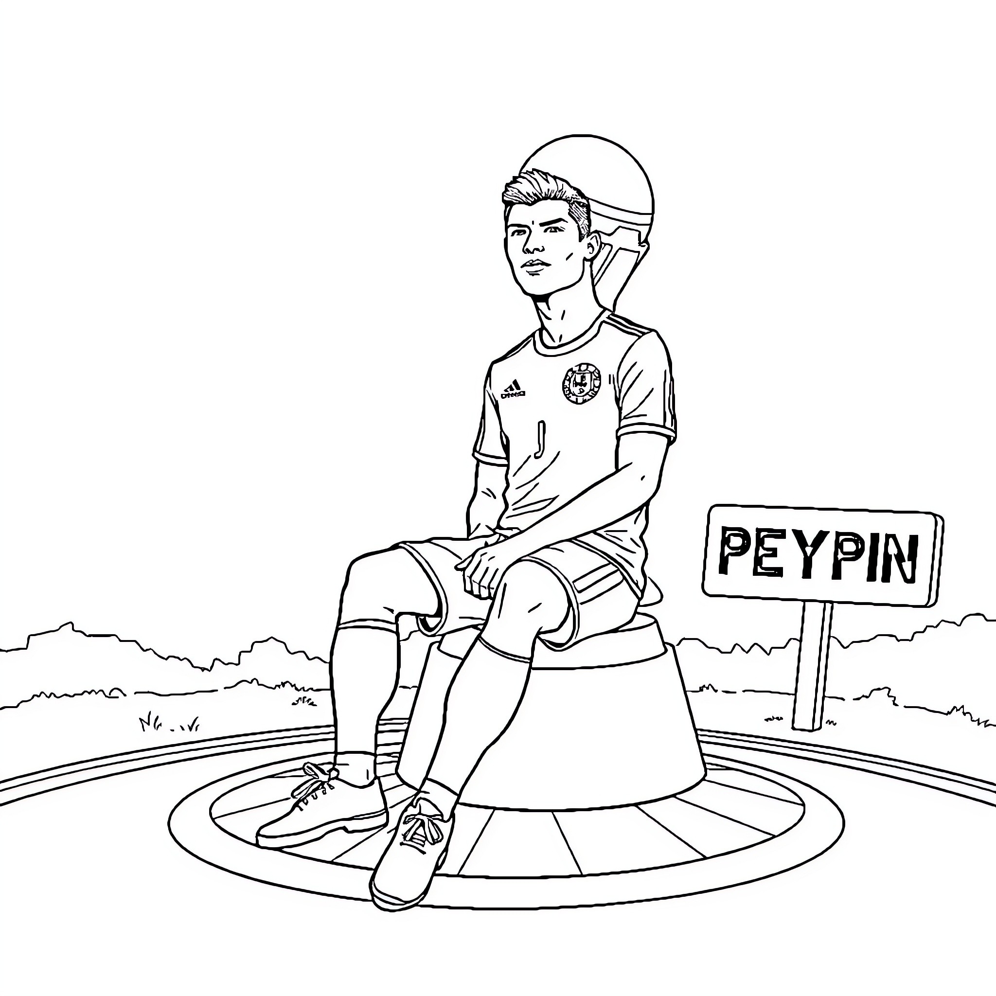 Cristiano Ronaldo sitting on a pedestal in a sports uniform Coloring Page (free black-and-white line drawing printable PDF for all, from beginners to advanced learners, including children, teens, adults, and seniors)