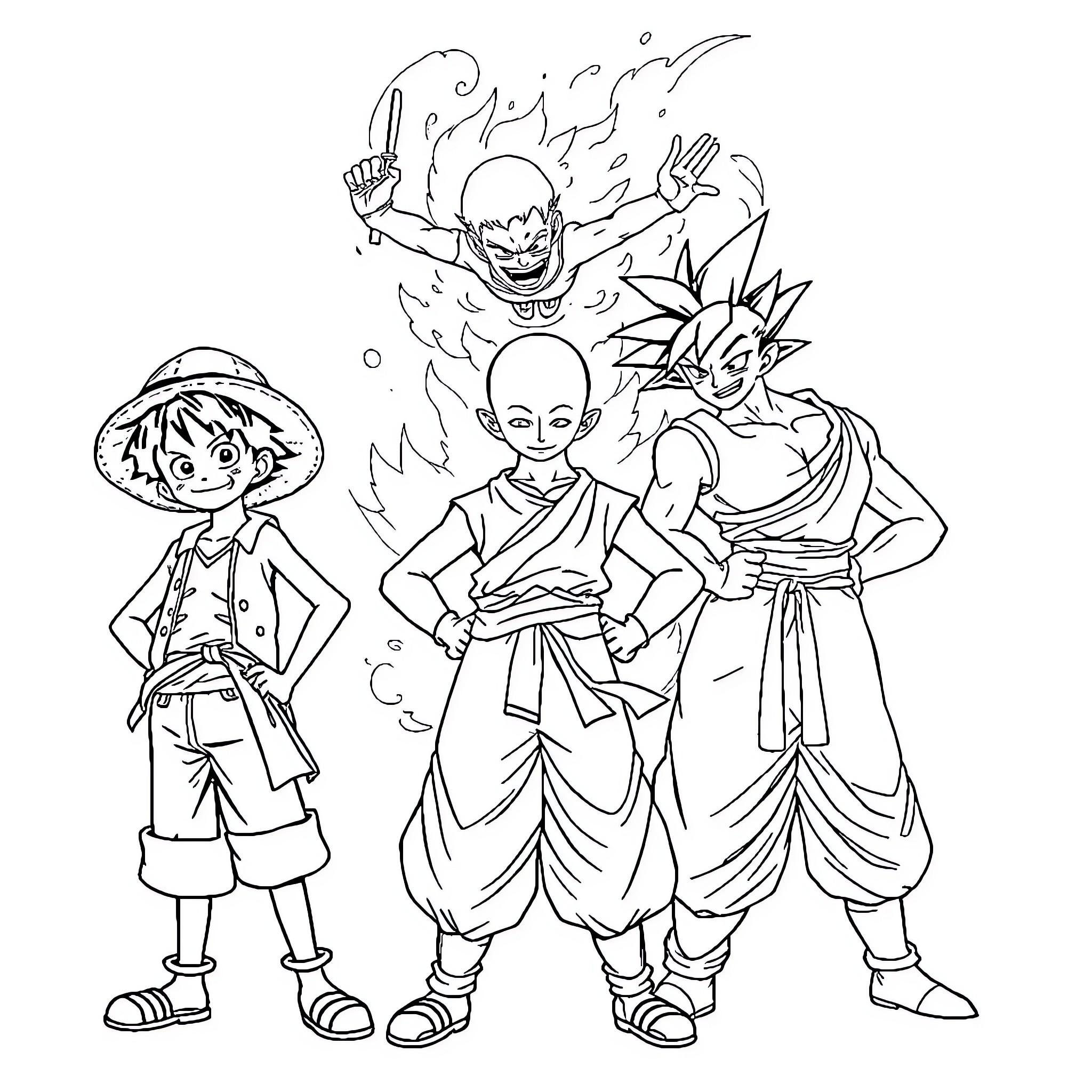 Luffy and friends in action-packed adventure Coloring Page (free black-and-white line drawing printable PDF for all, from beginners to advanced learners, including children, teens, adults, and seniors)