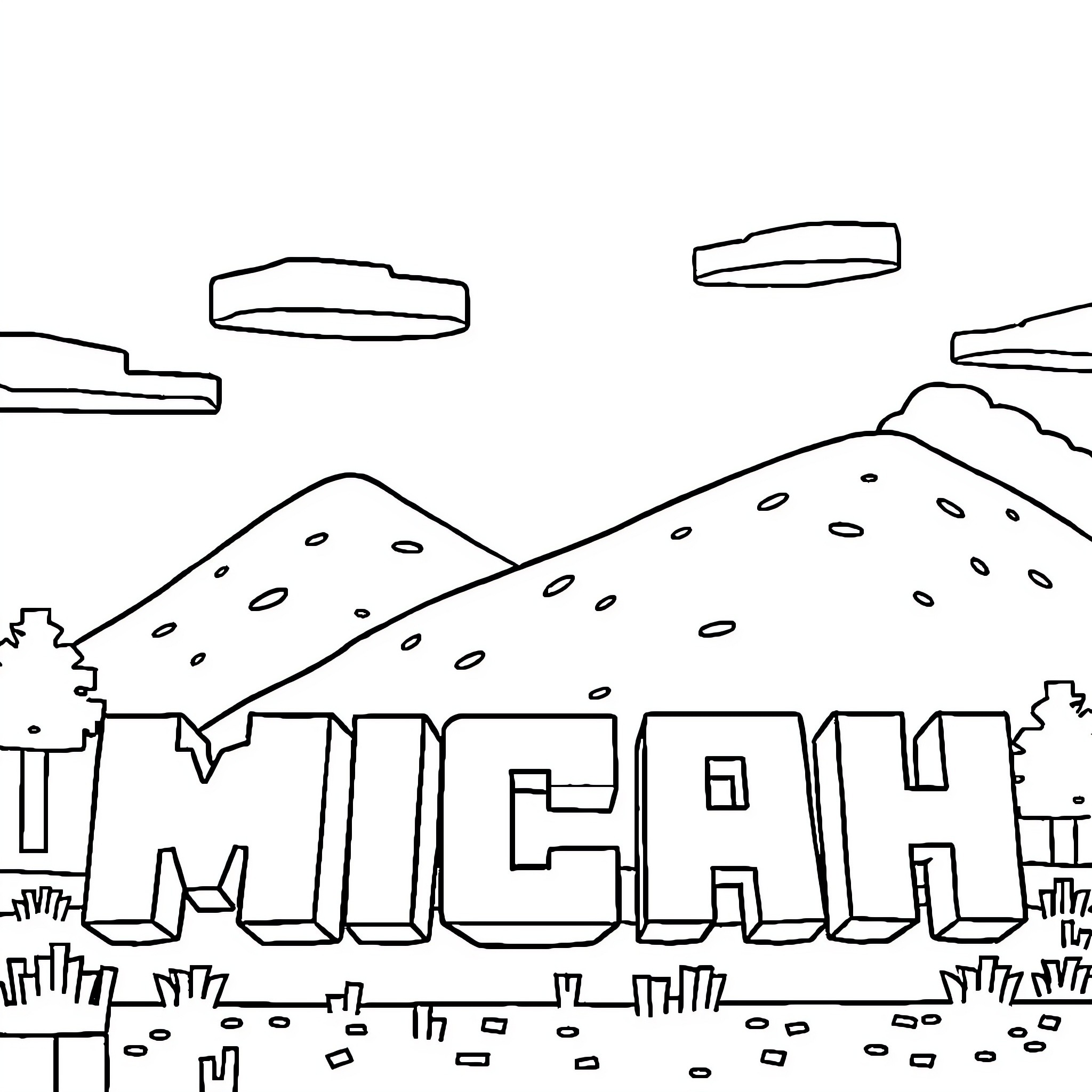 Minecraft houses in the mountains Coloring Page (free black-and-white line drawing printable PDF for all, from beginners to advanced learners, including children, teens, adults, and seniors)