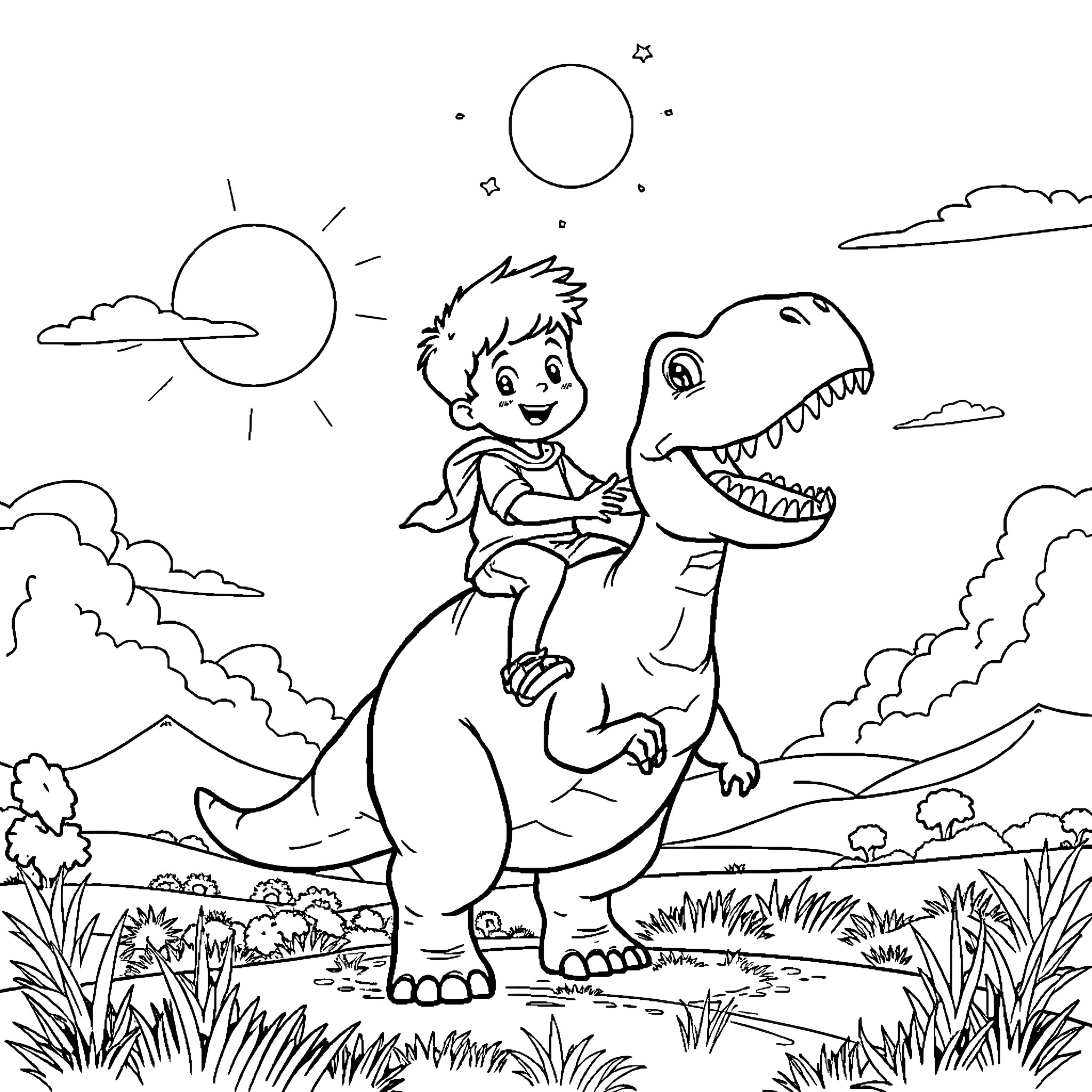 Boy playing happily with dinosaur in the outdoors Coloring Page (free black-and-white line drawing printable PDF for all, from beginners to advanced learners, including children, teens, adults, and seniors)