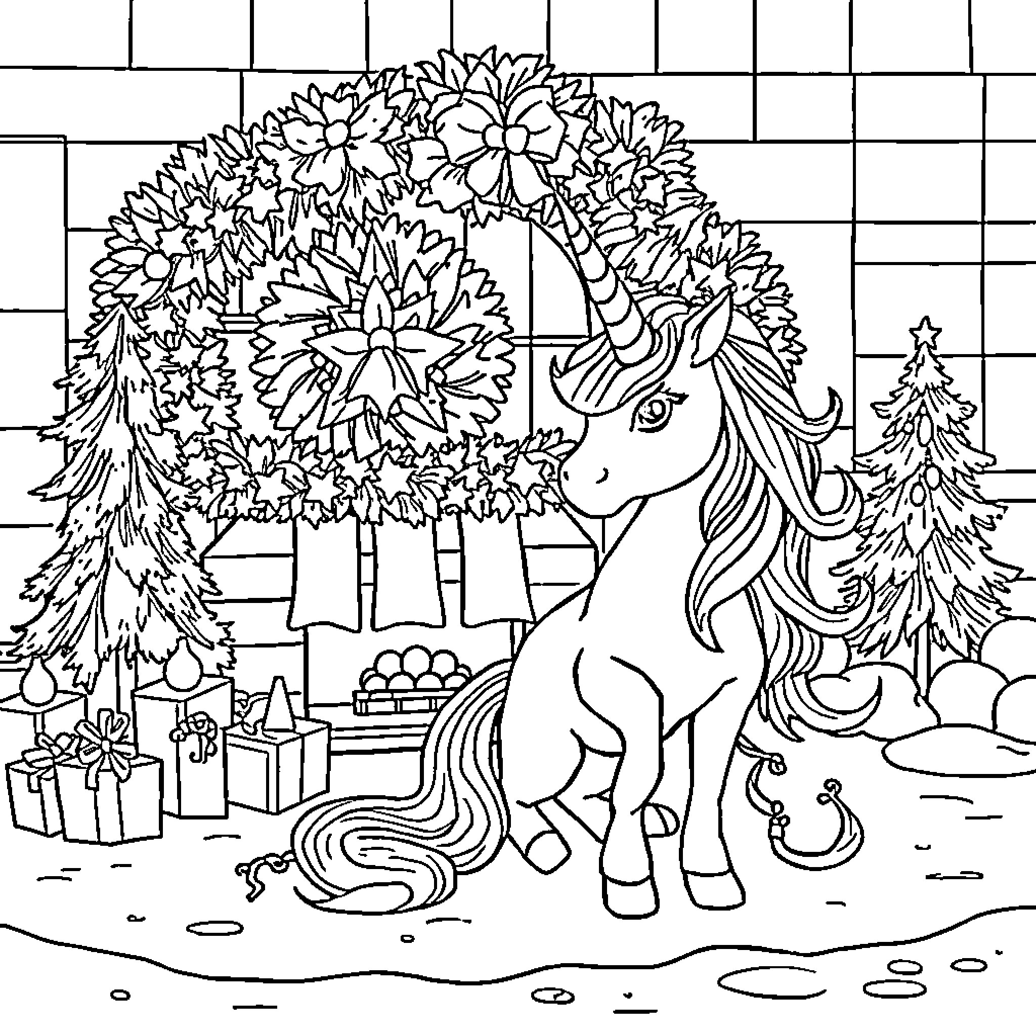 Unicorn decorating a holiday wreath in a winter scene Coloring Page (free black-and-white line drawing printable PDF for all, from beginners to advanced learners, including children, teens, adults, and seniors)