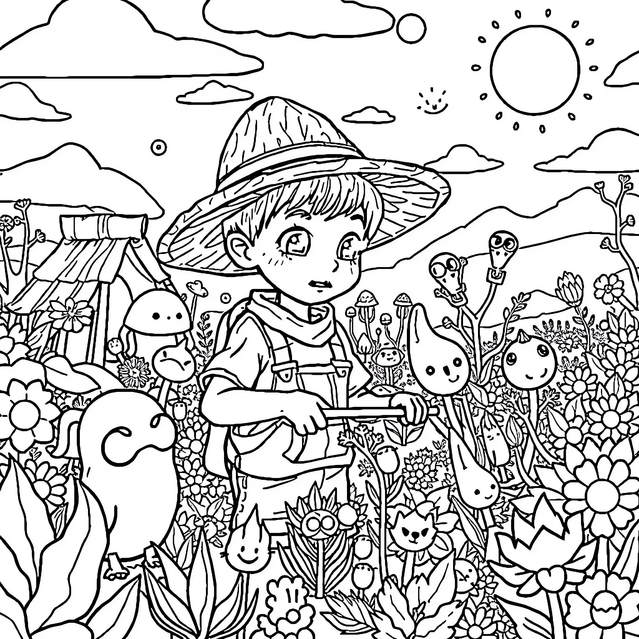 Kid Exploring Nature's Wonders in the Countryside Coloring Page (free black-and-white line drawing printable PDF for all, from beginners to advanced learners, including children, teens, adults, and seniors)