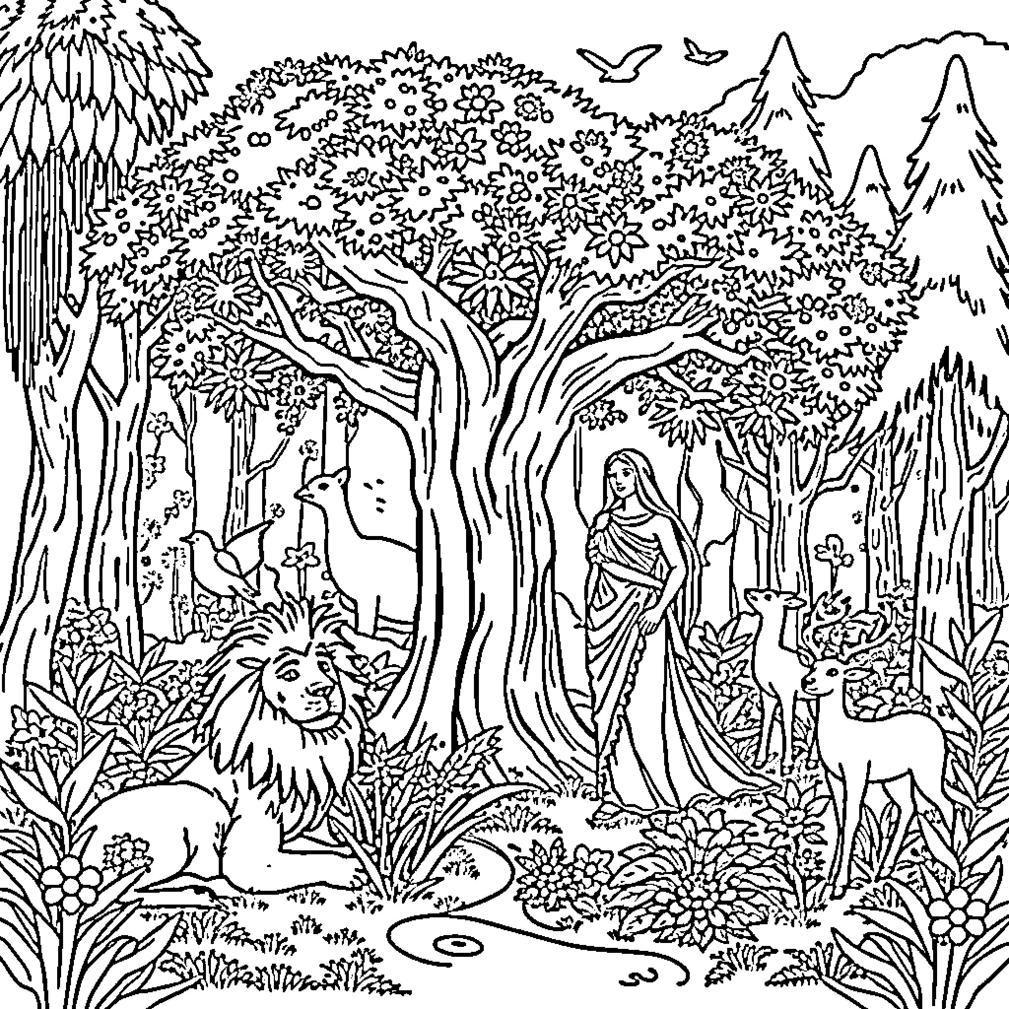 Adam and Eve in the Garden of Eden Coloring Page (free black-and-white line drawing printable PDF for all, from beginners to advanced learners, including children, teens, adults, and seniors)