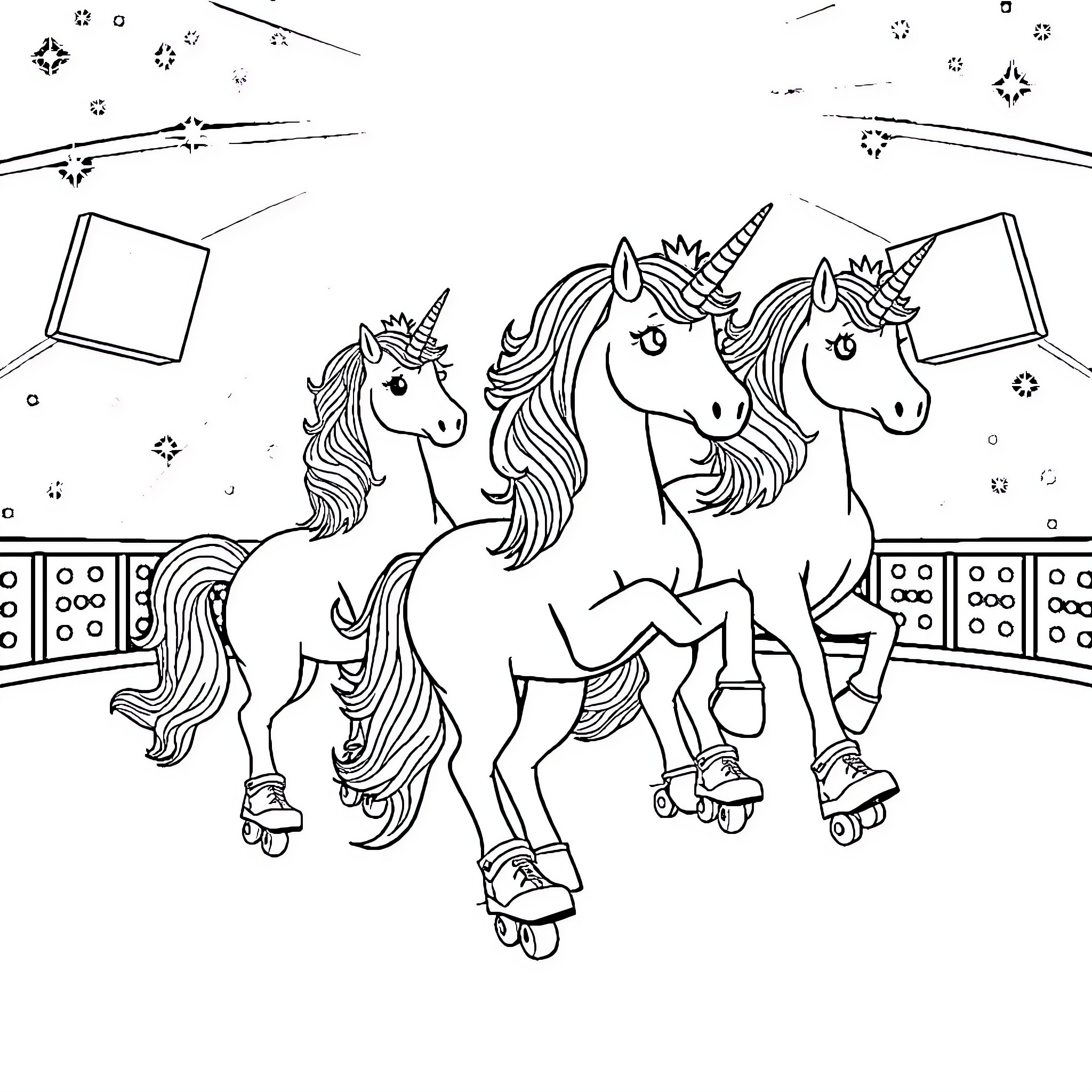 Unicorn friends roller skating in the stars Coloring Page (free black-and-white line drawing printable PDF for all, from beginners to advanced learners, including children, teens, adults, and seniors)