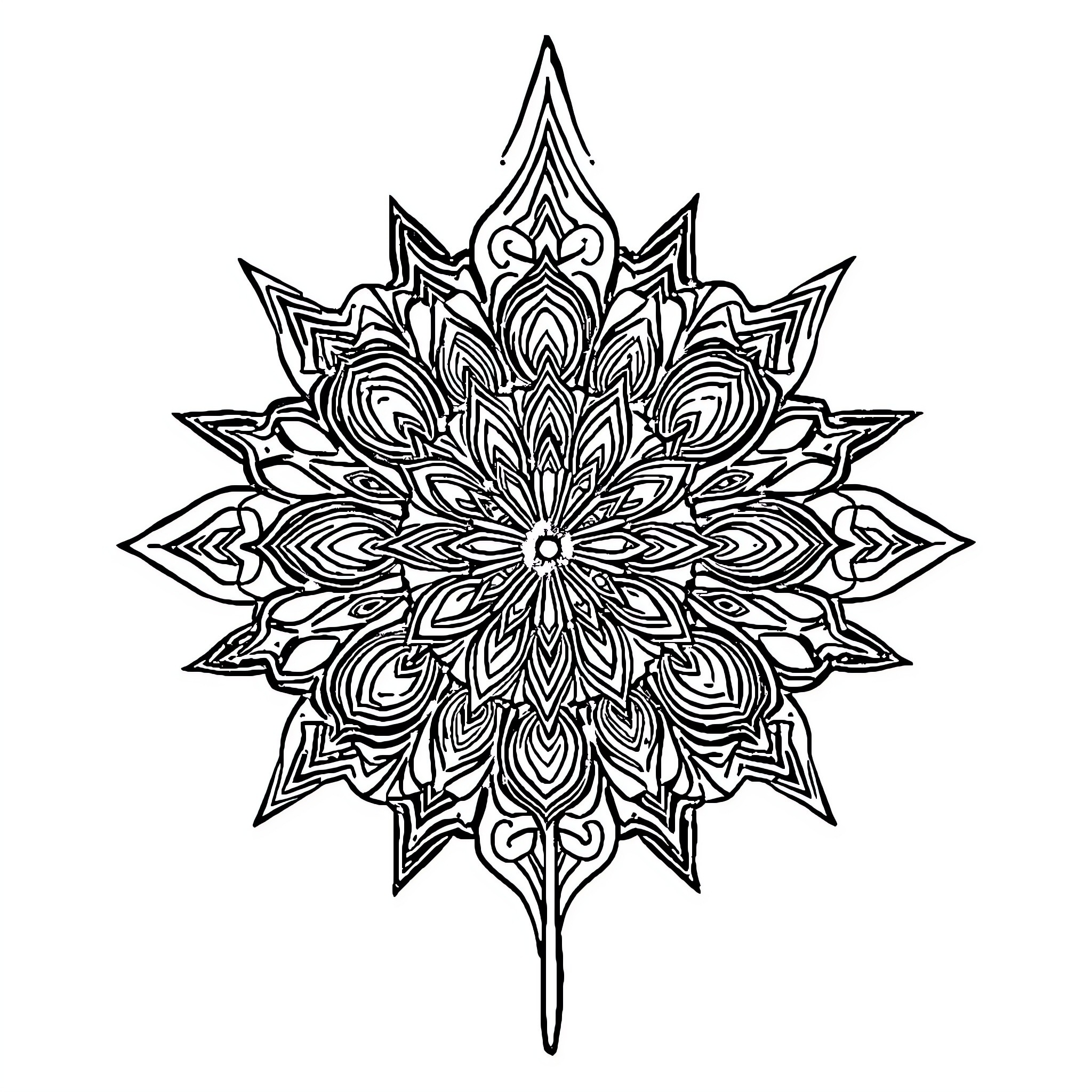 Leaf Mandala Pattern Design Coloring Page (free black-and-white line drawing printable PDF for all, from beginners to advanced learners, including children, teens, adults, and seniors)