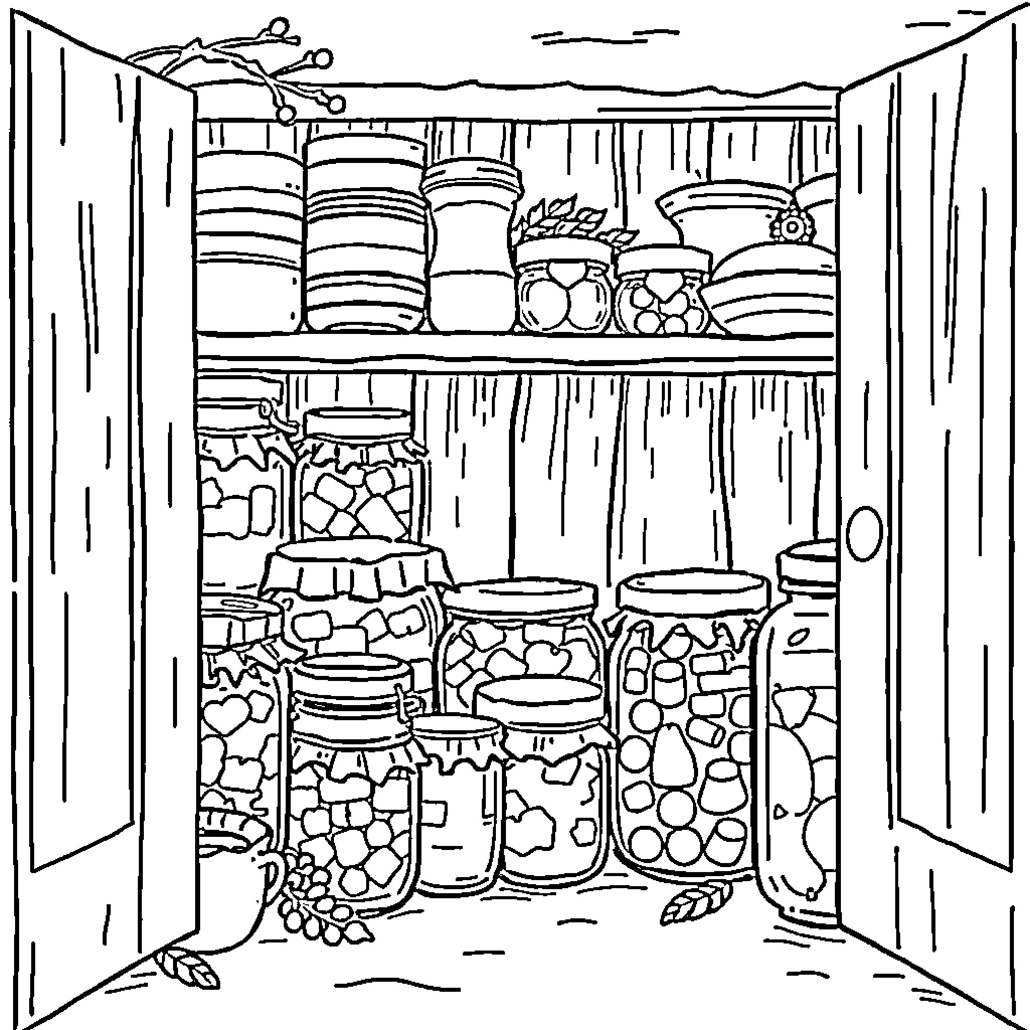 Jar of preserved goods on a full pantry shelf Coloring Page (free black-and-white line drawing printable PDF for all, from beginners to advanced learners, including children, teens, adults, and seniors)