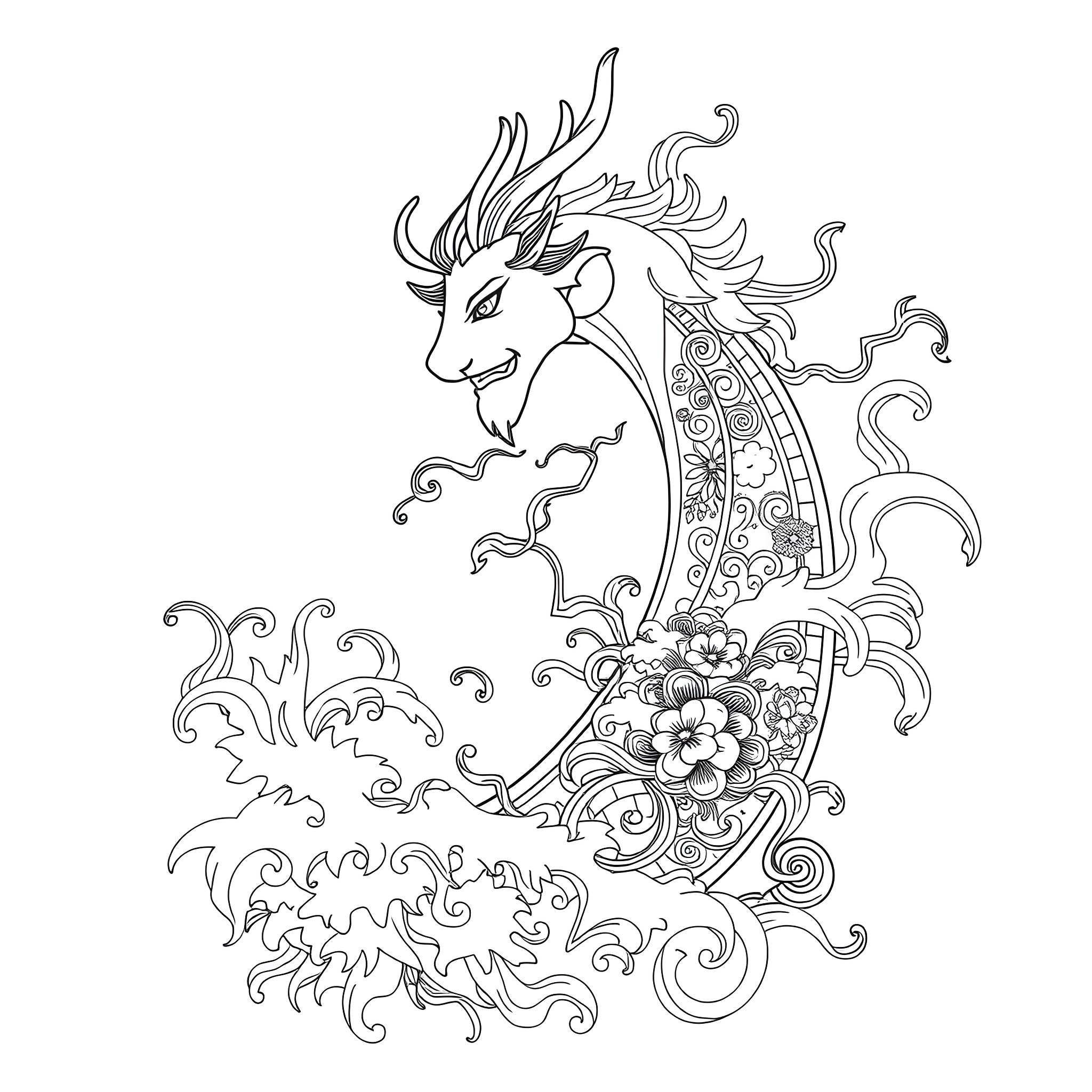 Mishipeshu: Mythical Creature with Floral Adornments Coloring Page (free black-and-white line drawing printable PDF for all, from beginners to advanced learners, including children, teens, adults, and seniors)