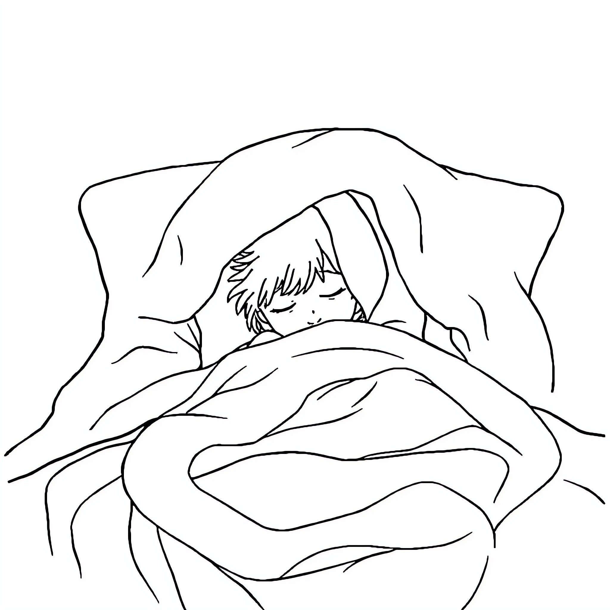 Figure of a person sleeping in a bed Coloring Page (free black-and-white line drawing printable PDF for all, from beginners to advanced learners, including children, teens, adults, and seniors)