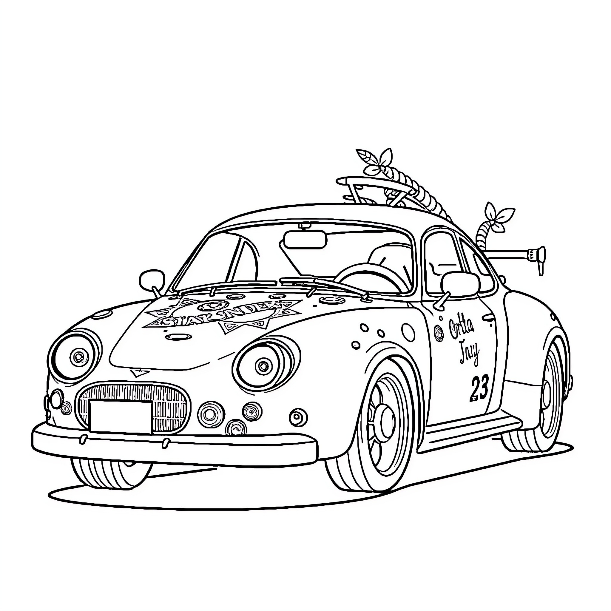 Car with floral decor and accessories Coloring Page (free black-and-white line drawing printable PDF for all, from beginners to advanced learners, including children, teens, adults, and seniors)