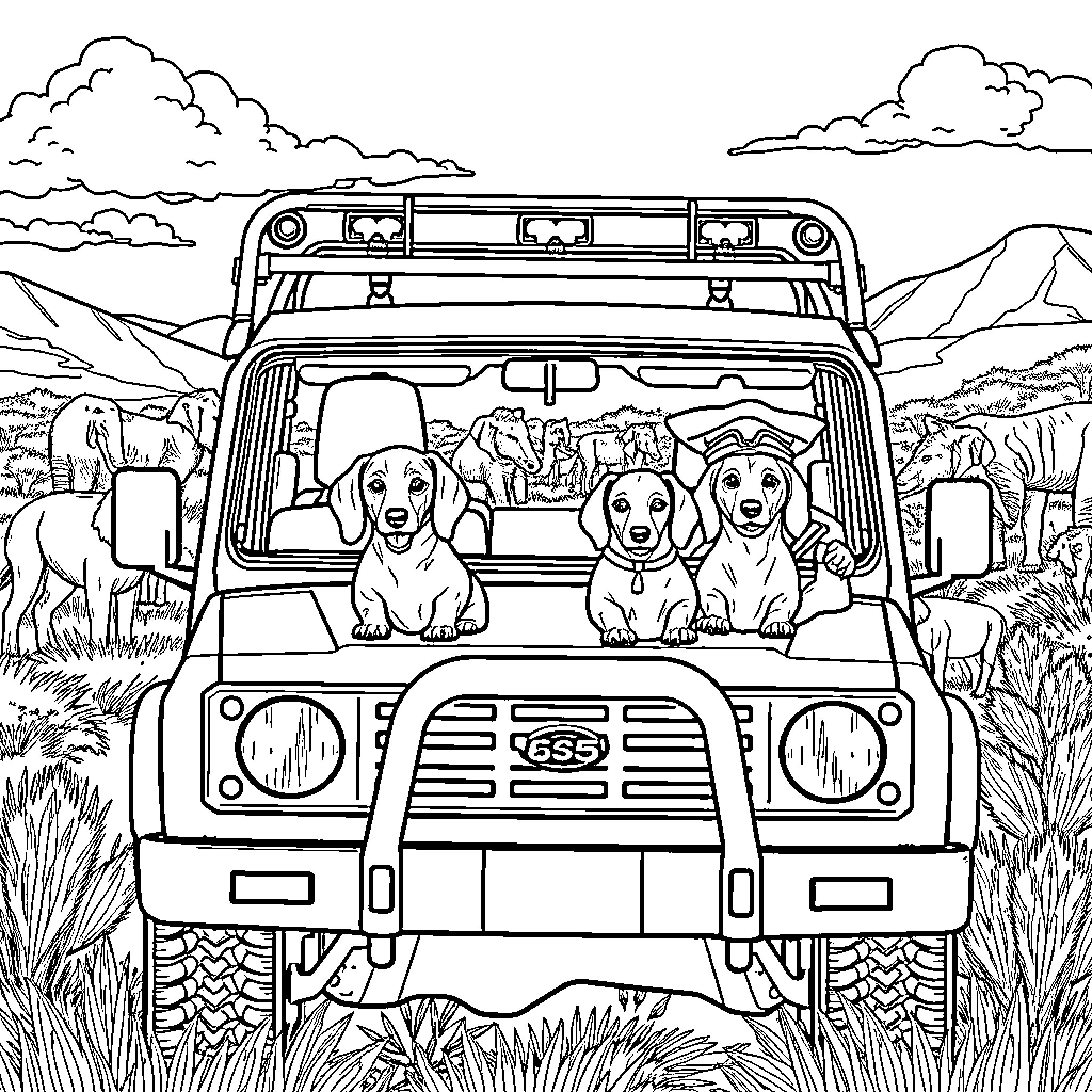 Nissan Patrol with Cheerful Canine Passengers Coloring Page (free black-and-white line drawing printable PDF for all, from beginners to advanced learners, including children, teens, adults, and seniors)