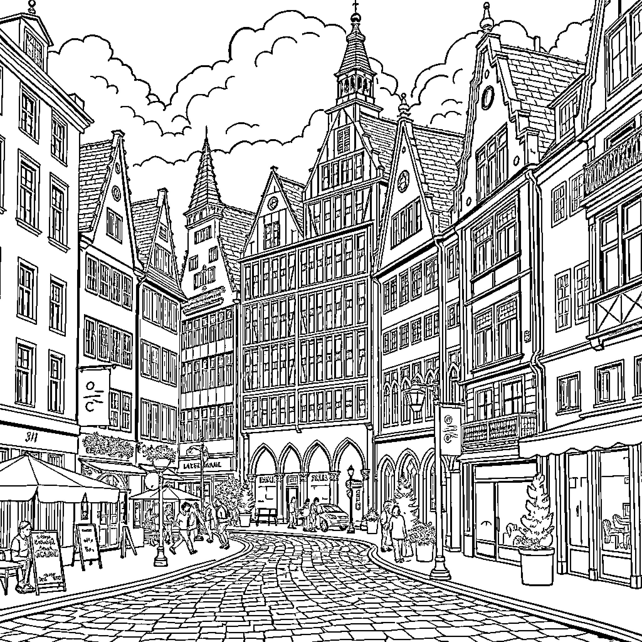 Kassel: Historic Buildings and Bustling Marketplace Coloring Page (free black-and-white line drawing printable PDF for all, from beginners to advanced learners, including children, teens, adults, and seniors)