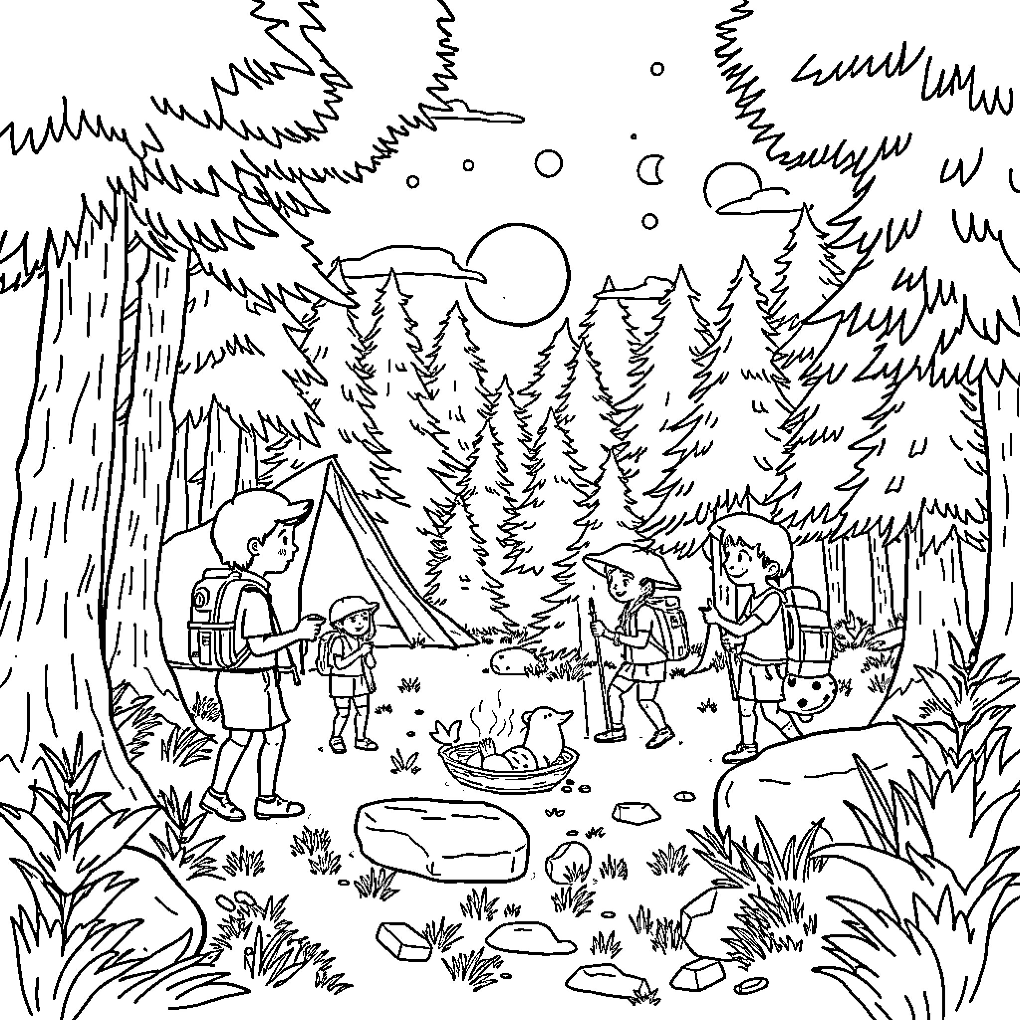 Camp Activities in the Forest Wilderness Coloring Page (free black-and-white line drawing printable PDF for all, from beginners to advanced learners, including children, teens, adults, and seniors)