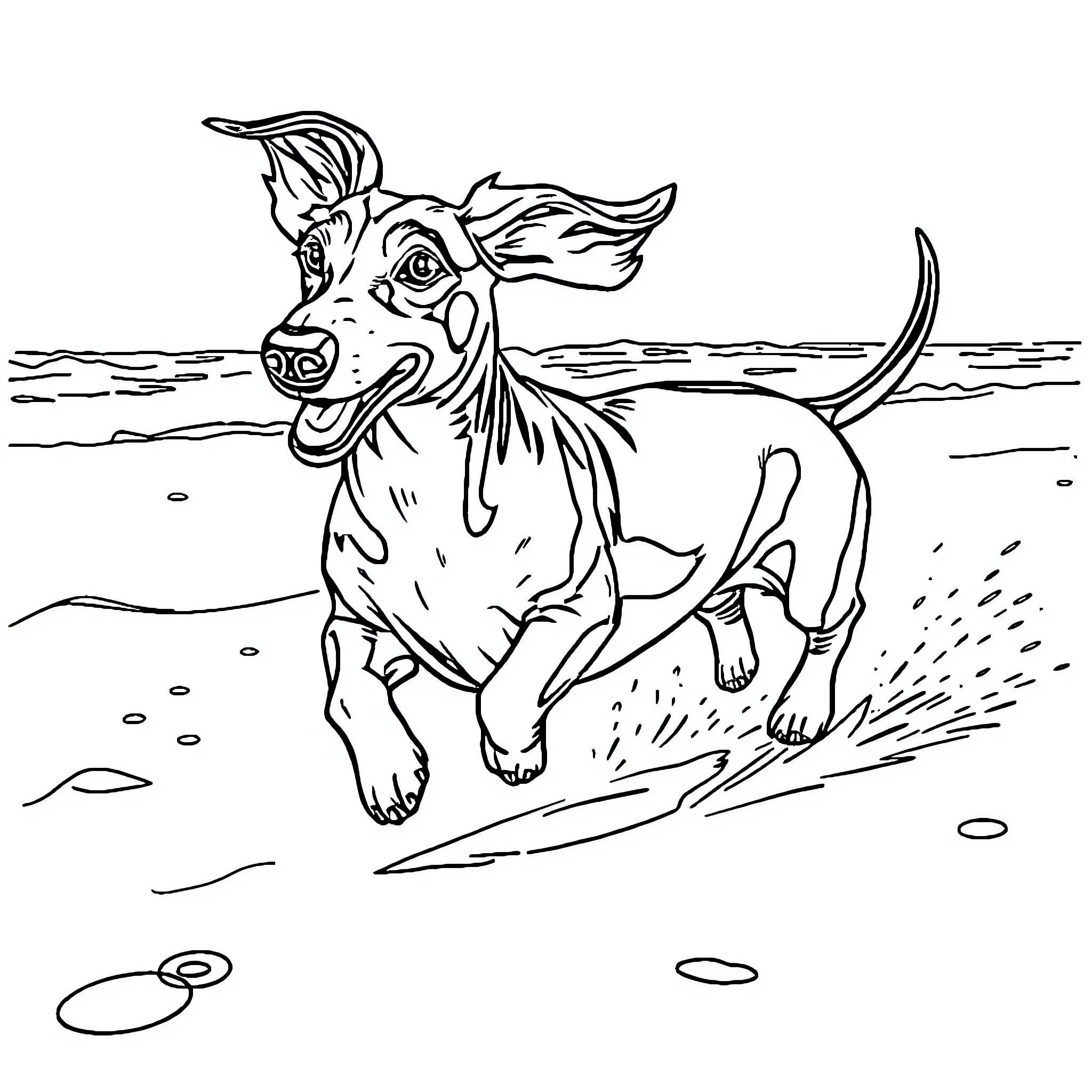 Dachshund running happily on the beach Coloring Page (free black-and-white line drawing printable PDF for all, from beginners to advanced learners, including children, teens, adults, and seniors)